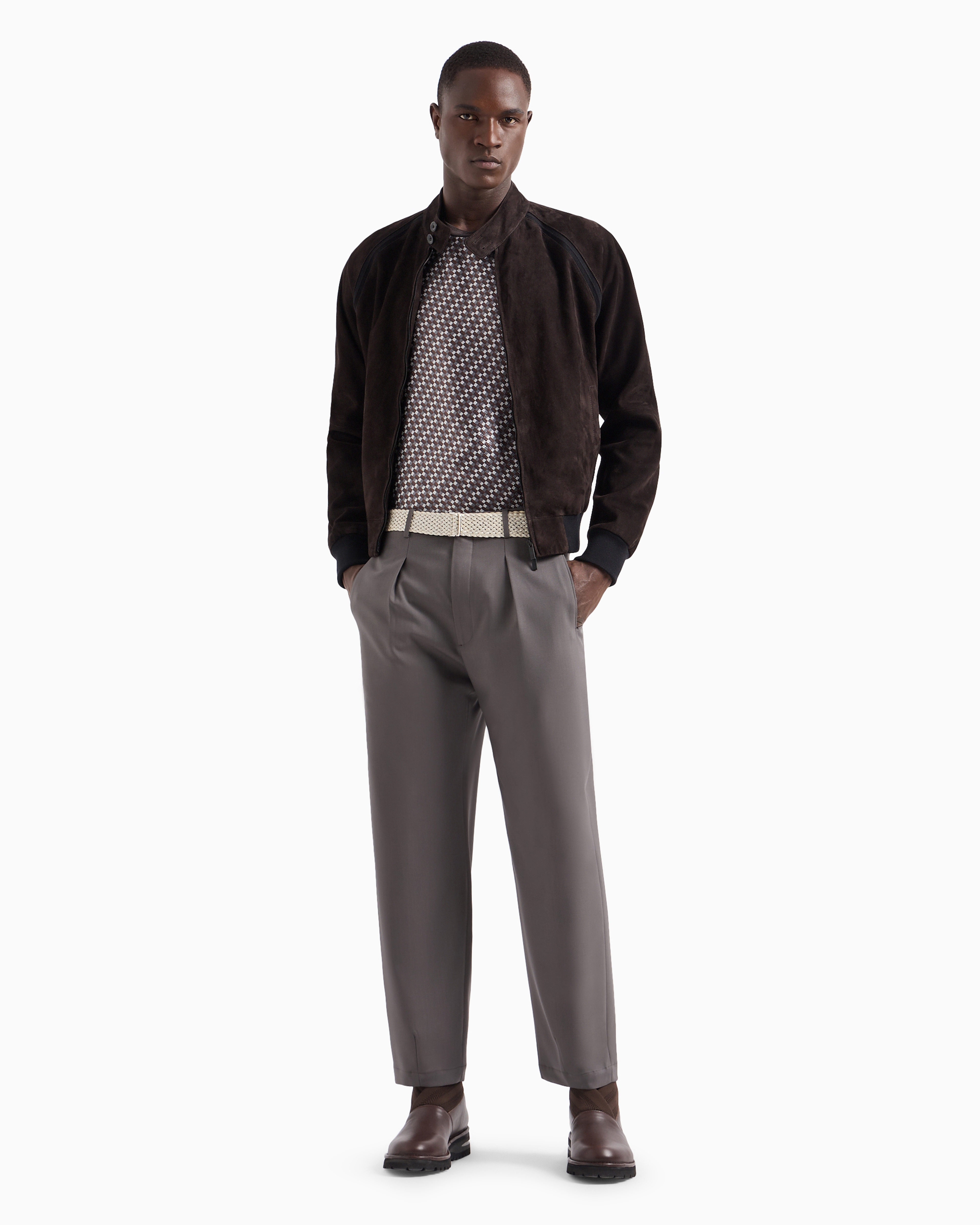 Giorgio Armani Official Store Lambskin Suede Zipped Blouson In Brown