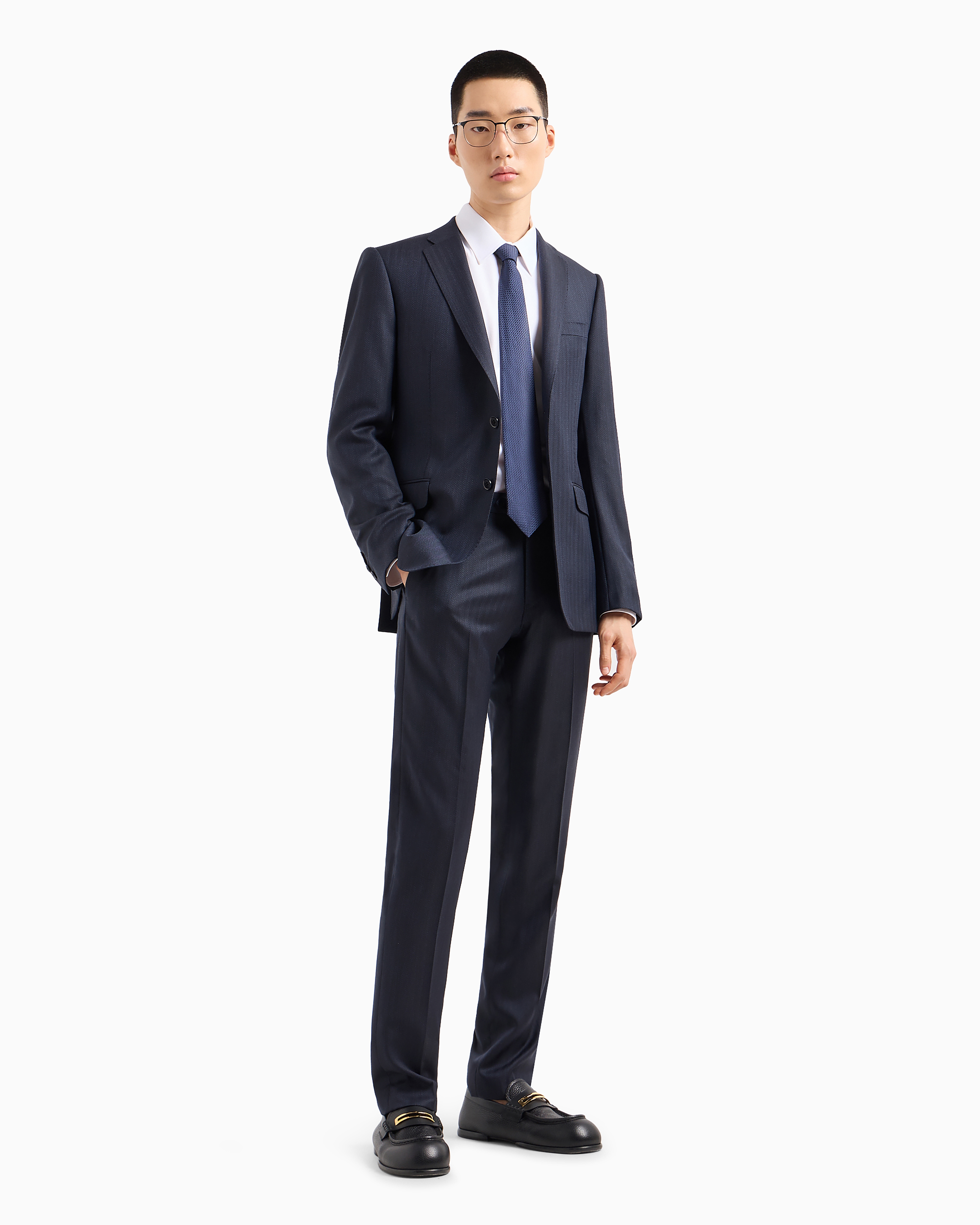 Emporio Armani Single-breasted, Slim-fit Suit In Superfine Wool With A Striped Chevron Motif In Blue