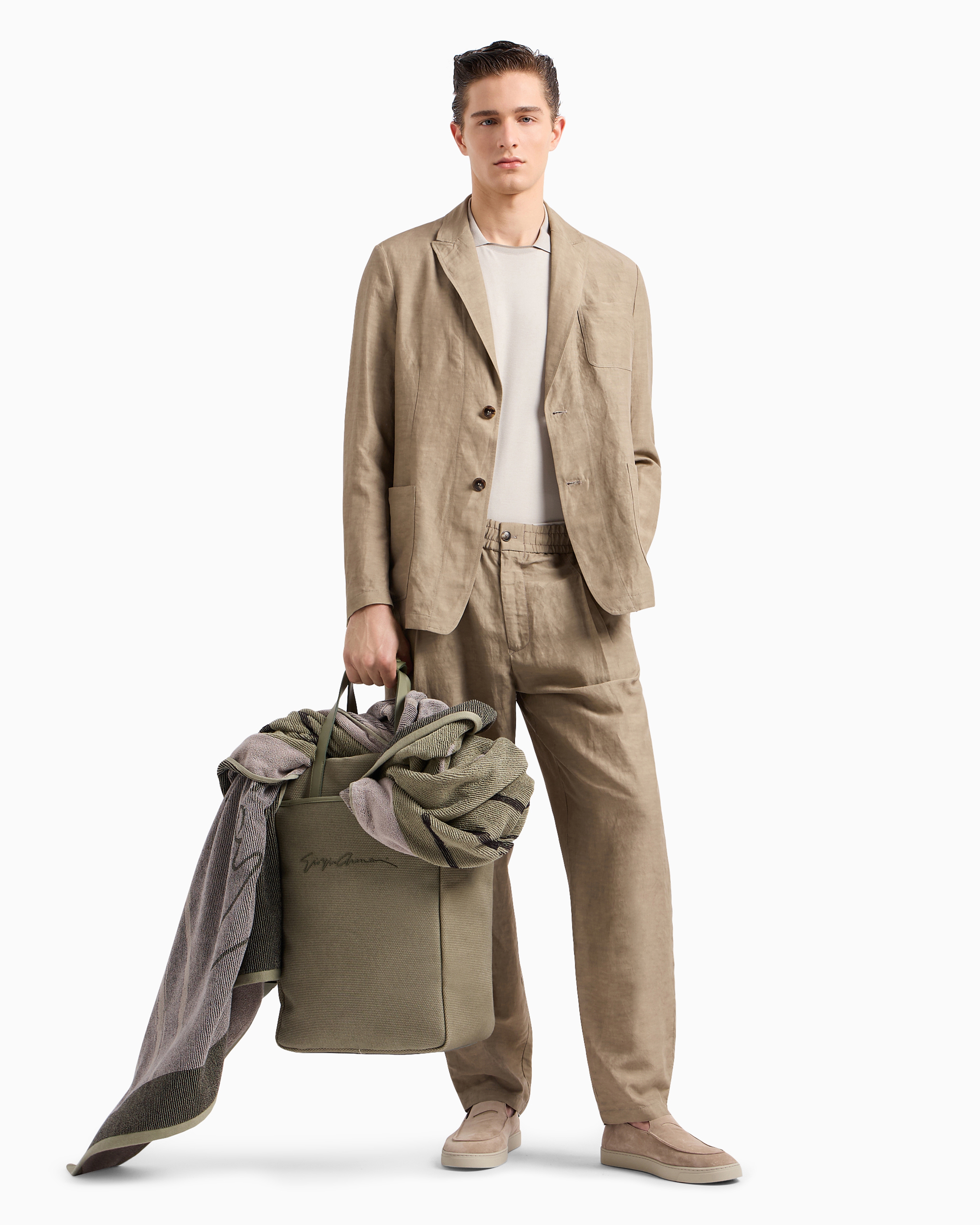 Giorgio Armani Official Store Viscose And Linen Canvas Single-darted Trousers In Beige