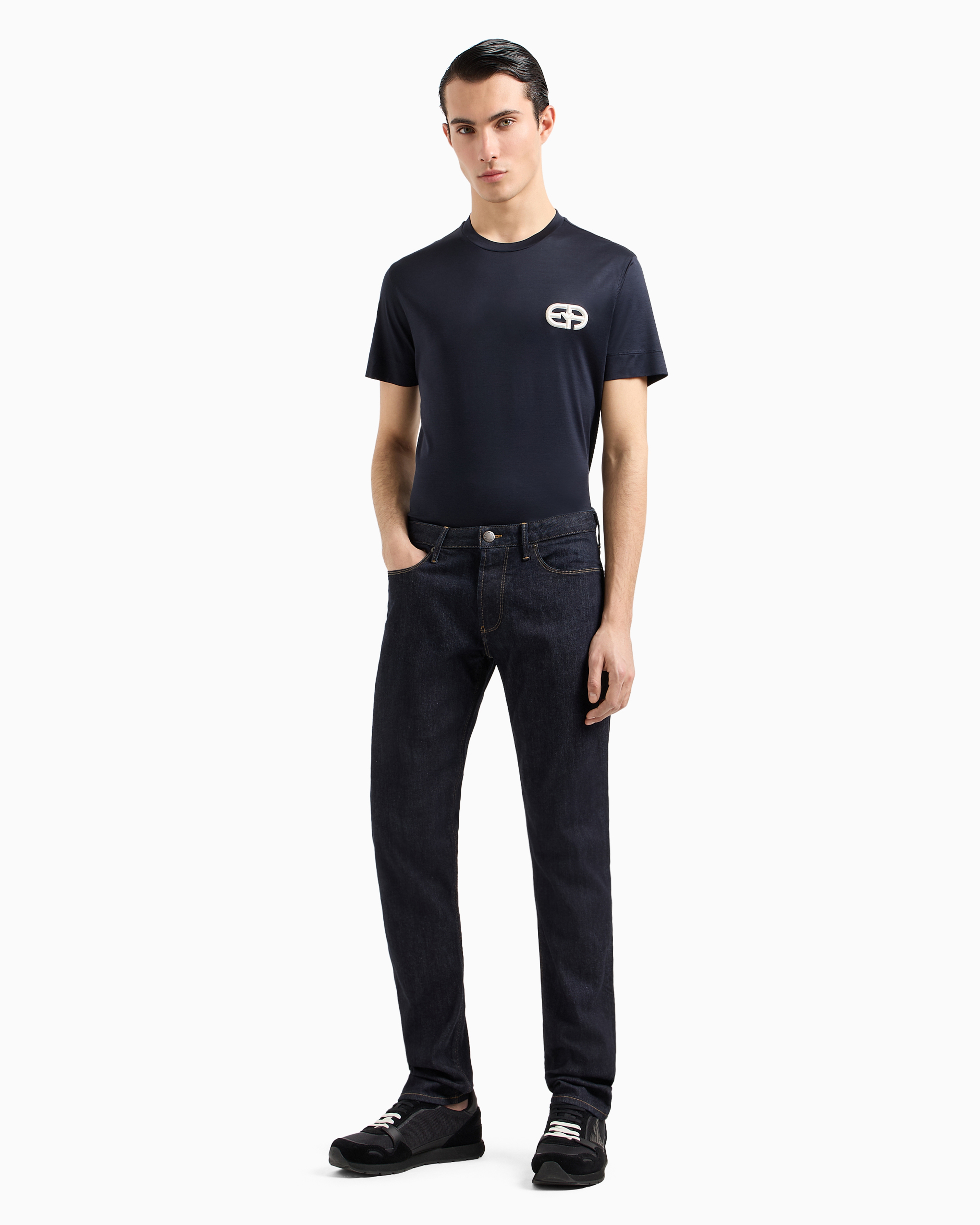 Emporio Armani Official Store Lyocell-blend Jersey T-shirt With Armani Sustainability Values Ea Logo Raised Embroid In Navy Blue
