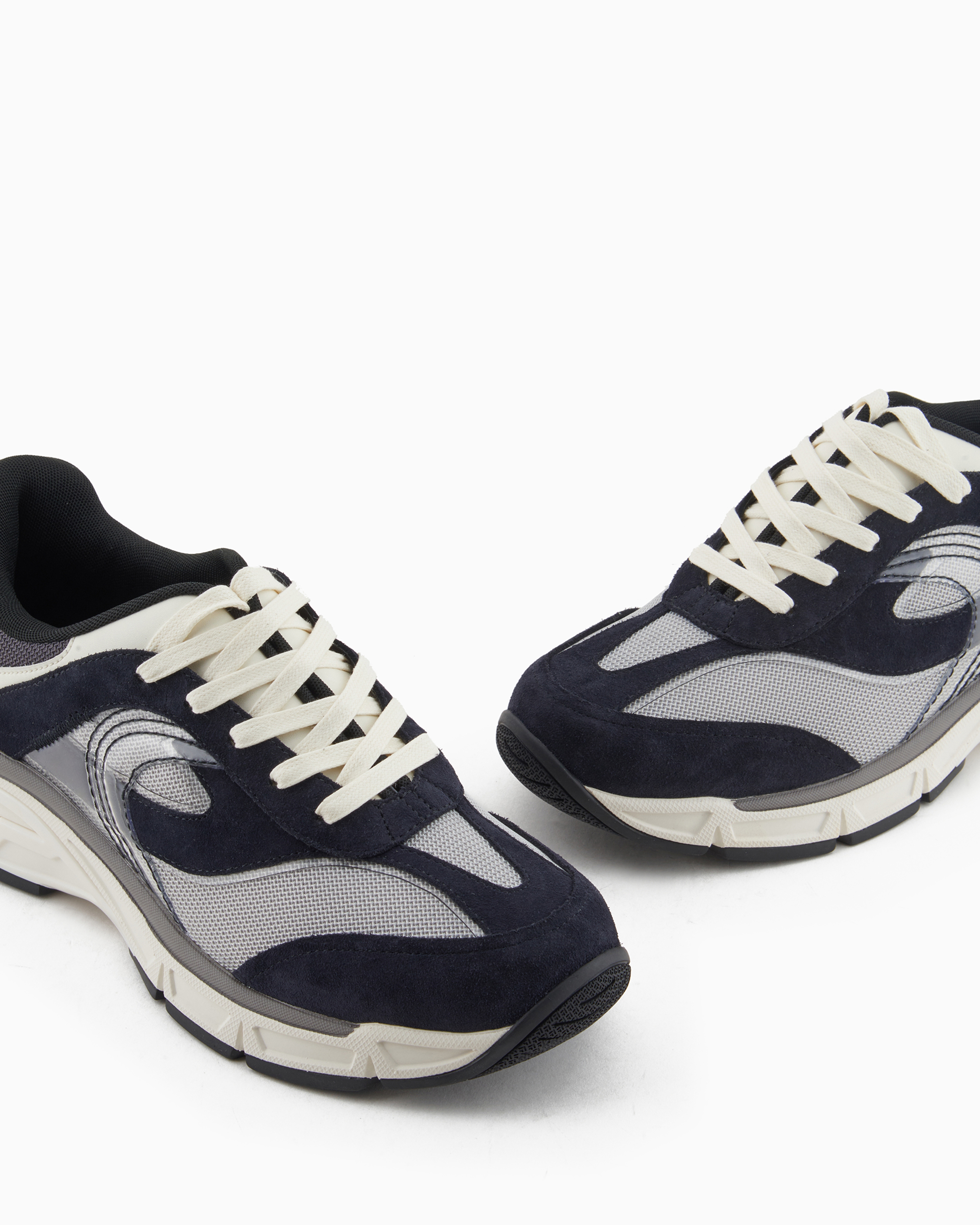 Shop Emporio Armani Mesh Sneakers With Suede Details In Navy Blue