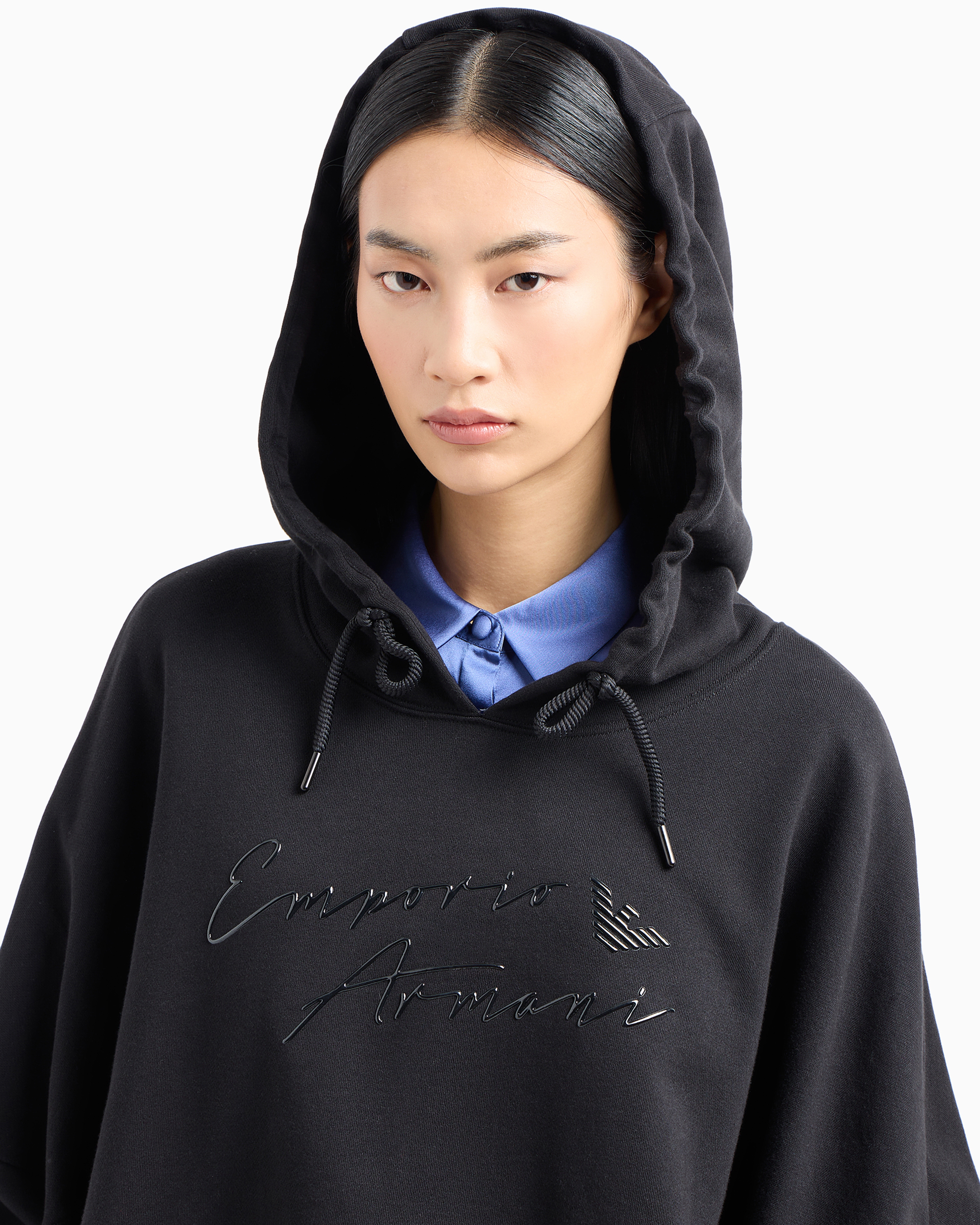 Shop Emporio Armani Asv Hooded Sweatshirt With Shiny Rubberised Logo In Organic French Terry In Black