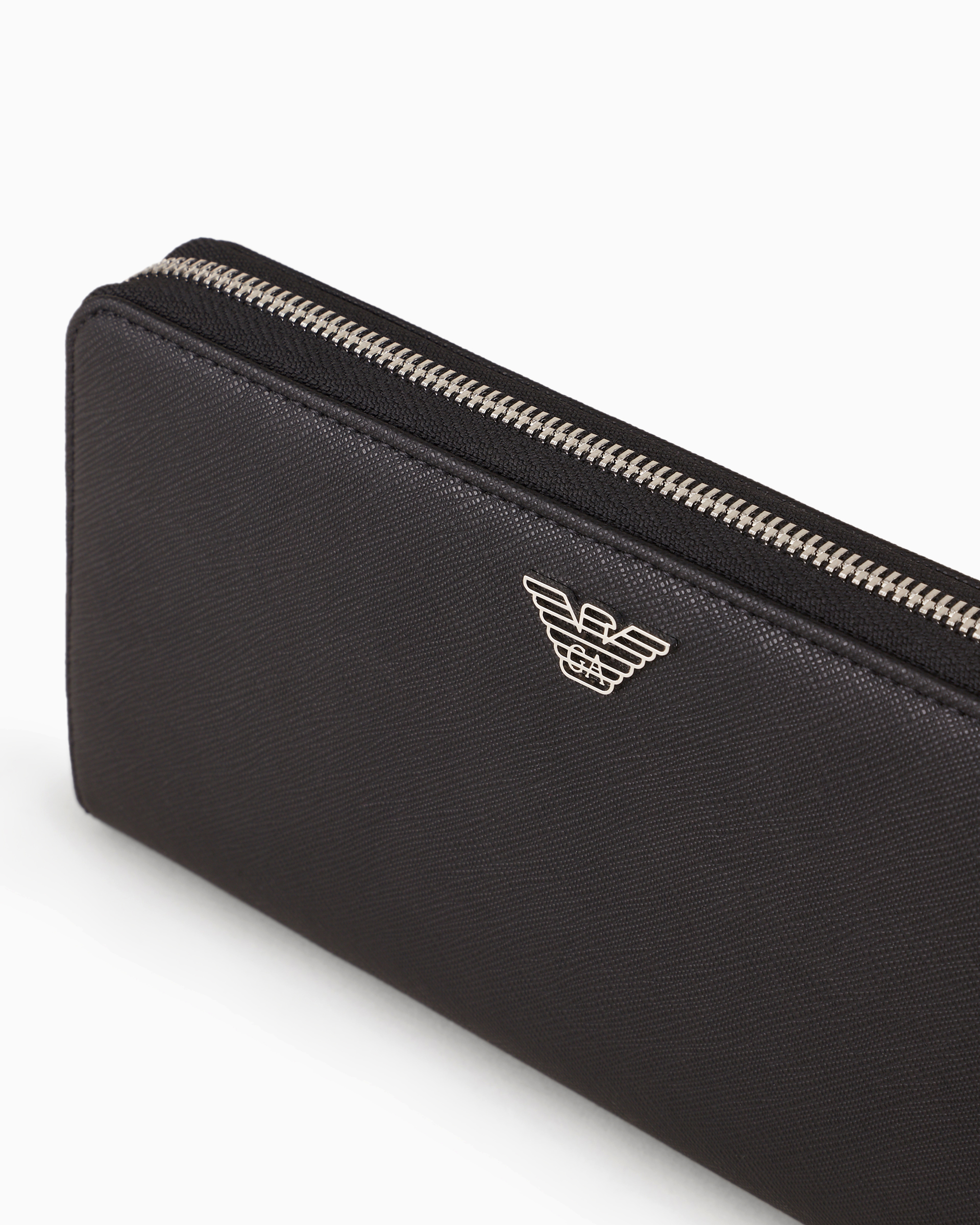Emporio Armani Asv Regenerated Saffiano Leather Zip-around Wallet With Eagle Plate In Black