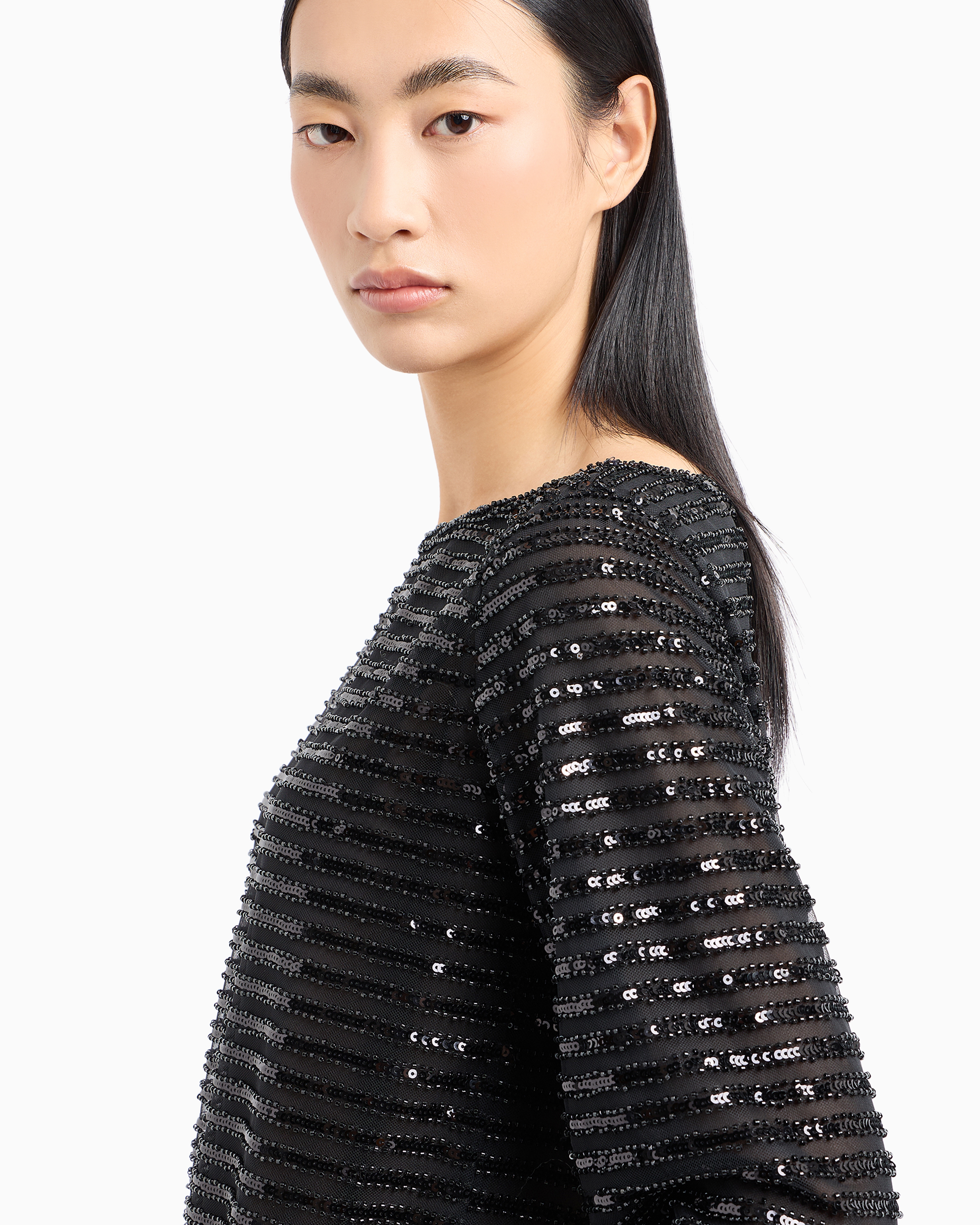 Emporio Armani Official Store Moon Capsule Collection Tulle Tunic Dress With Striped Sequinned Motif In Noir