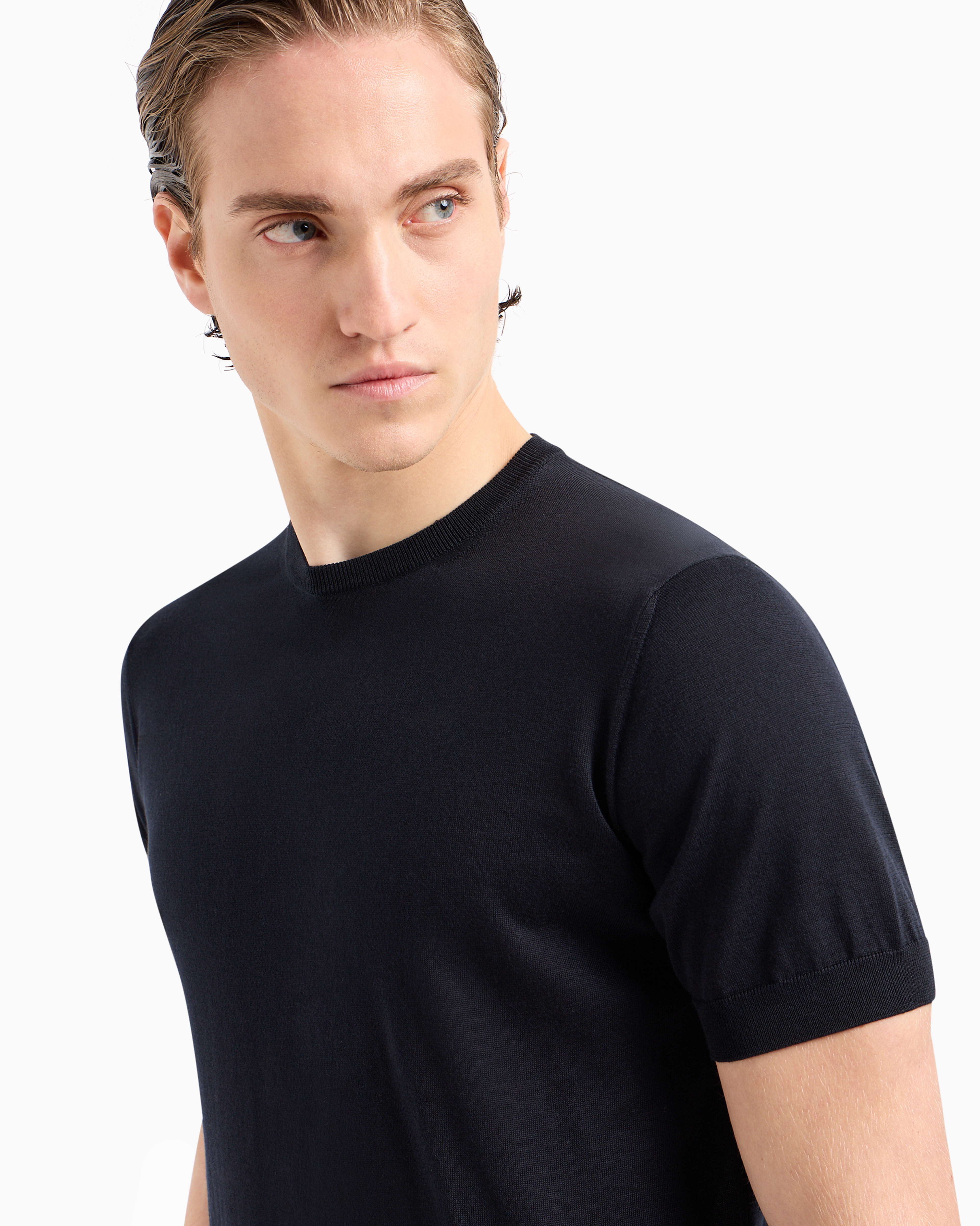 Giorgio Armani Official Store Silk And Cotton Crew-neck Jumper In Navy Blue