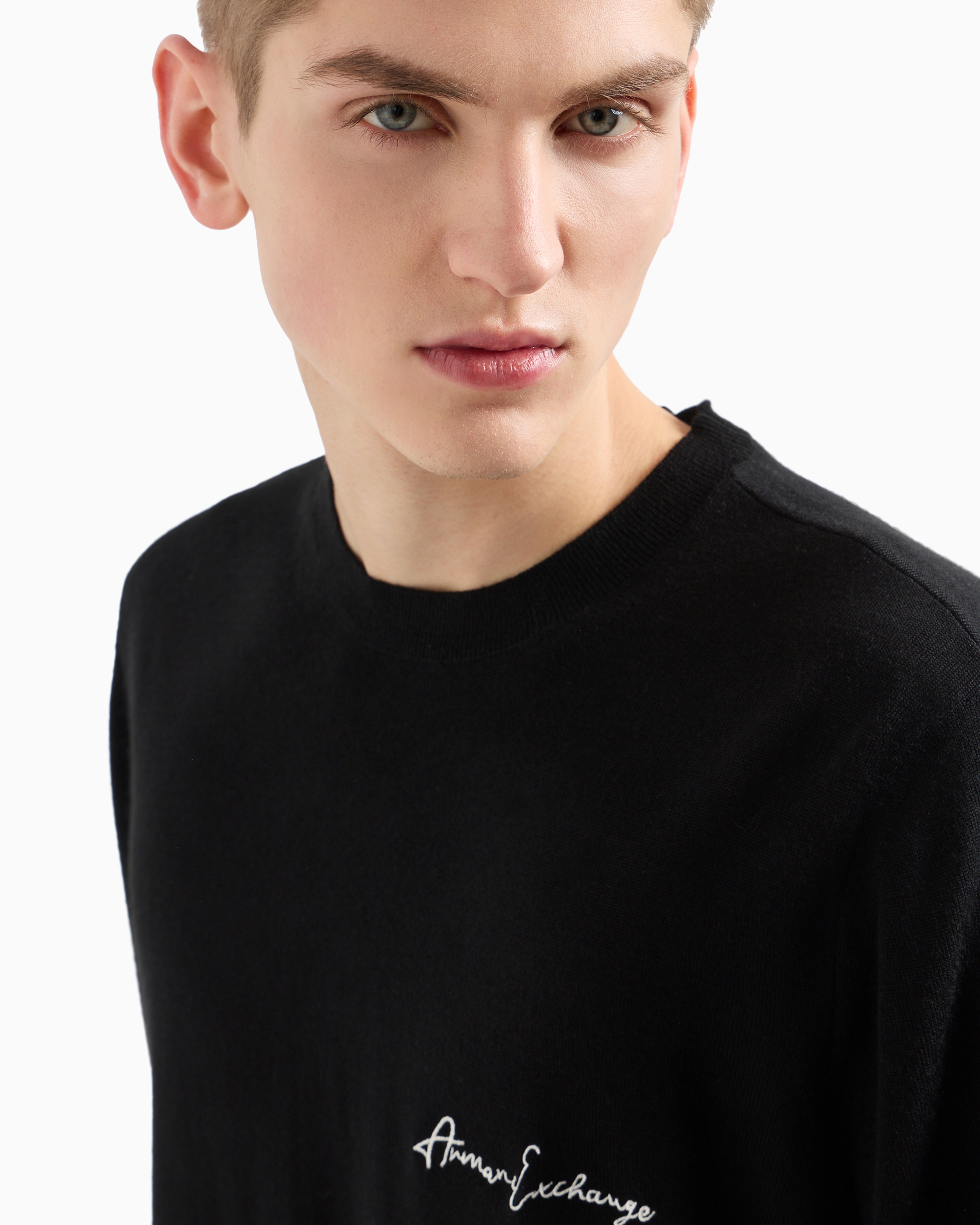 Armani Exchange Official Store Crew-neck Sweater In Wool Blend With Logo On The Chest In Black