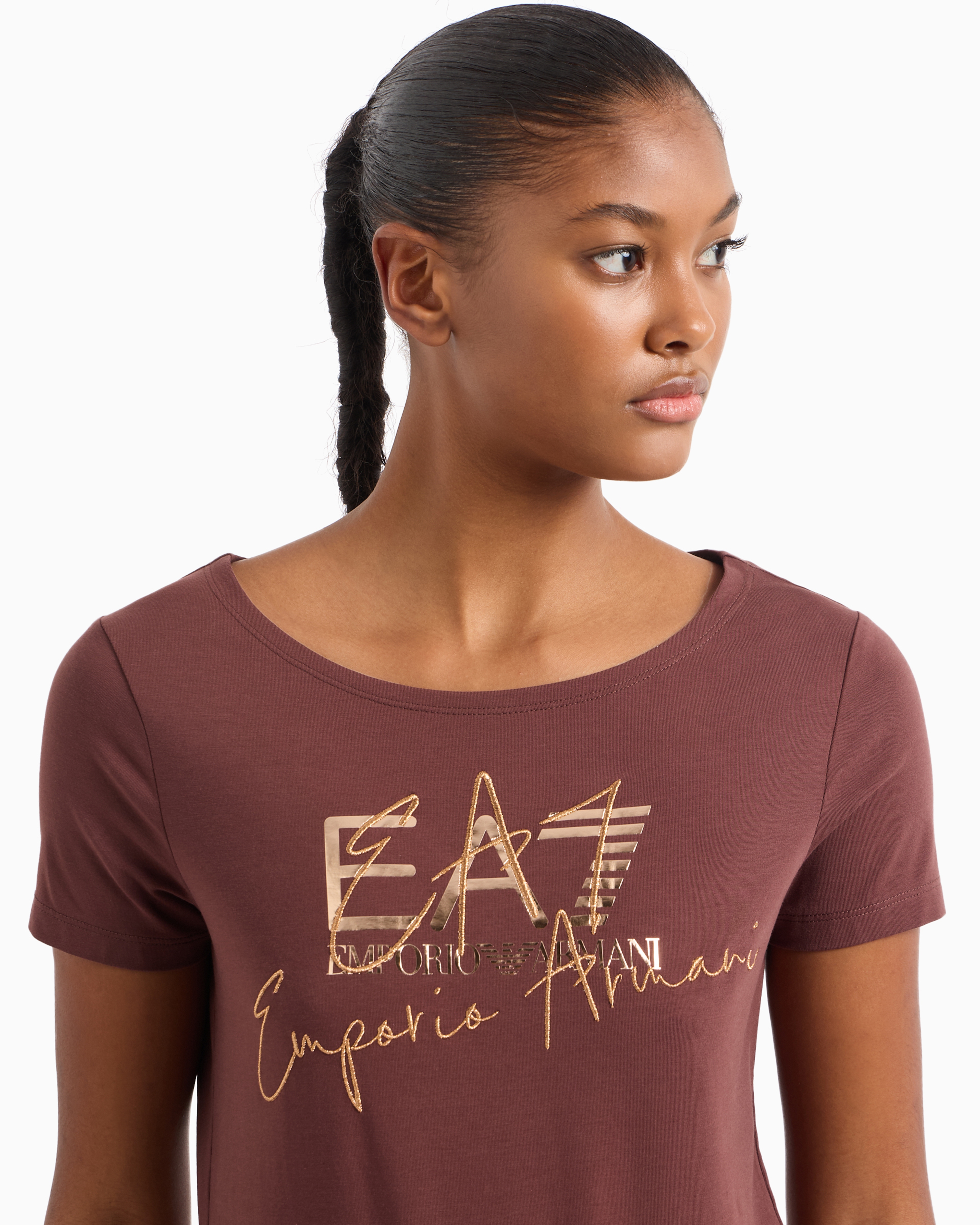 Shop Ea7 Logo Series Stretch-cotton Crew-neck T-shirt In Marron