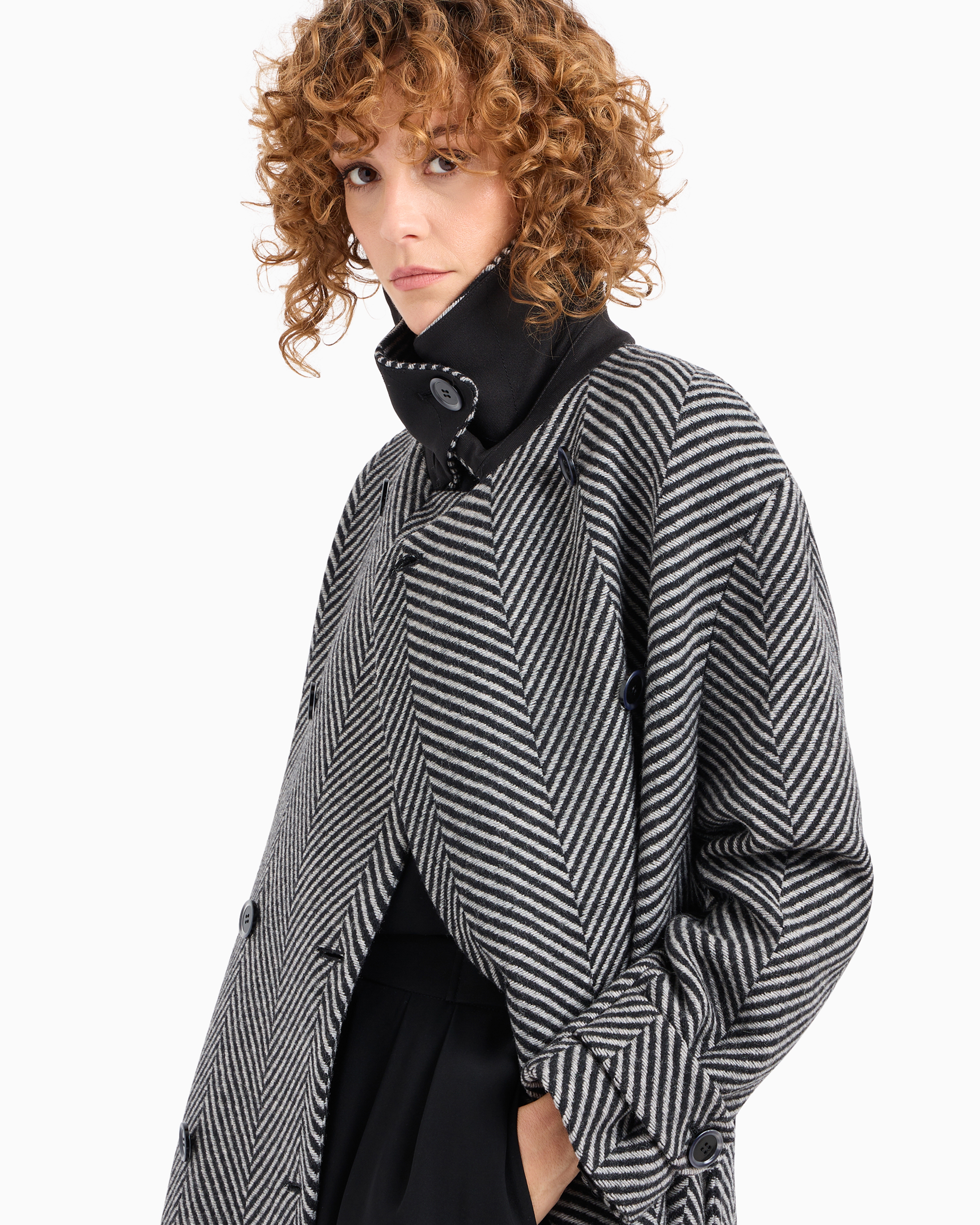 Emporio Armani Long, Double-breasted Coat In A Virgin Wool Blend With Two-tone Oversize-chevron Motif In Grey
