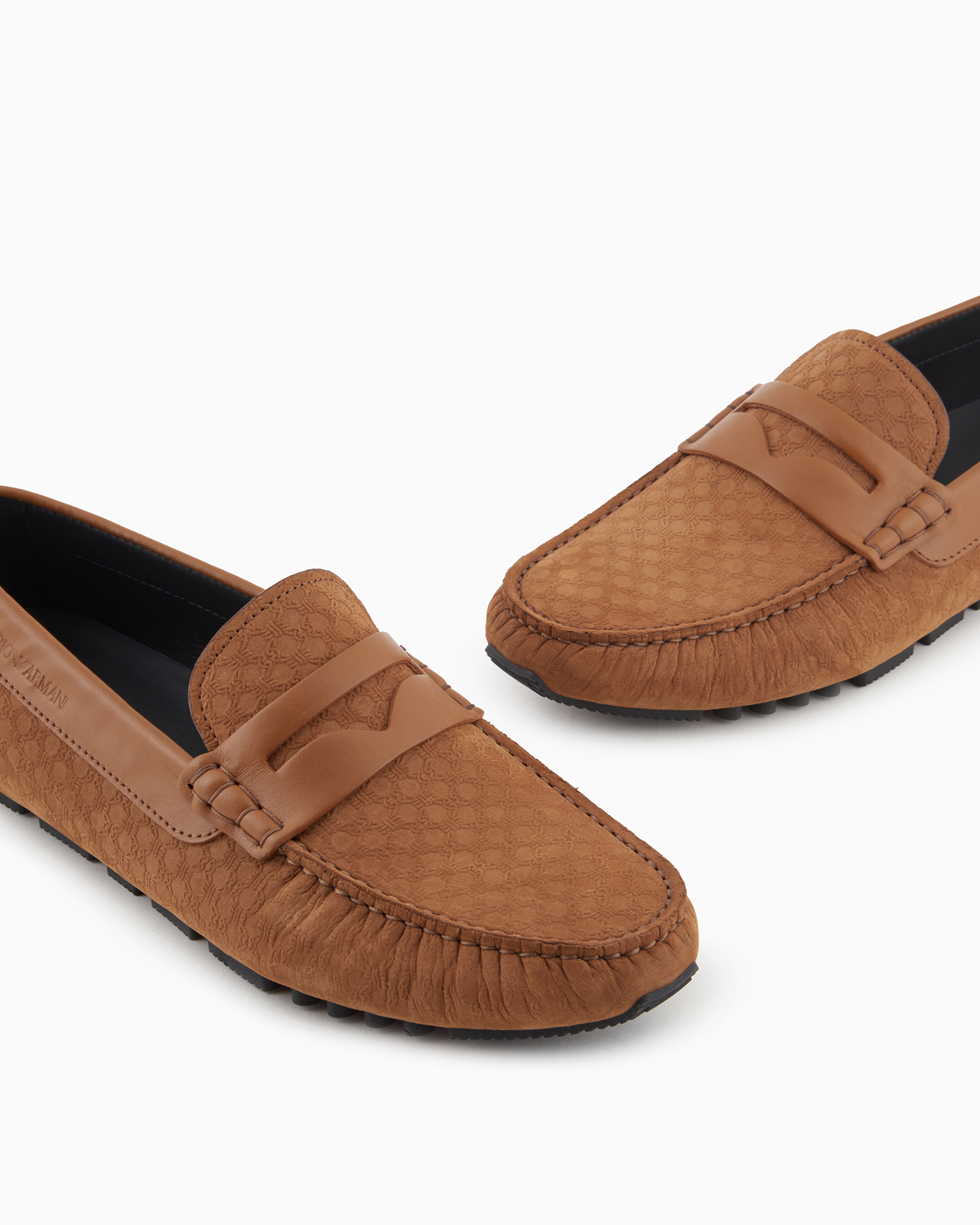 Emporio Armani Official Store Leather Driving Loafers With All-over Embossed Pattern In Brown