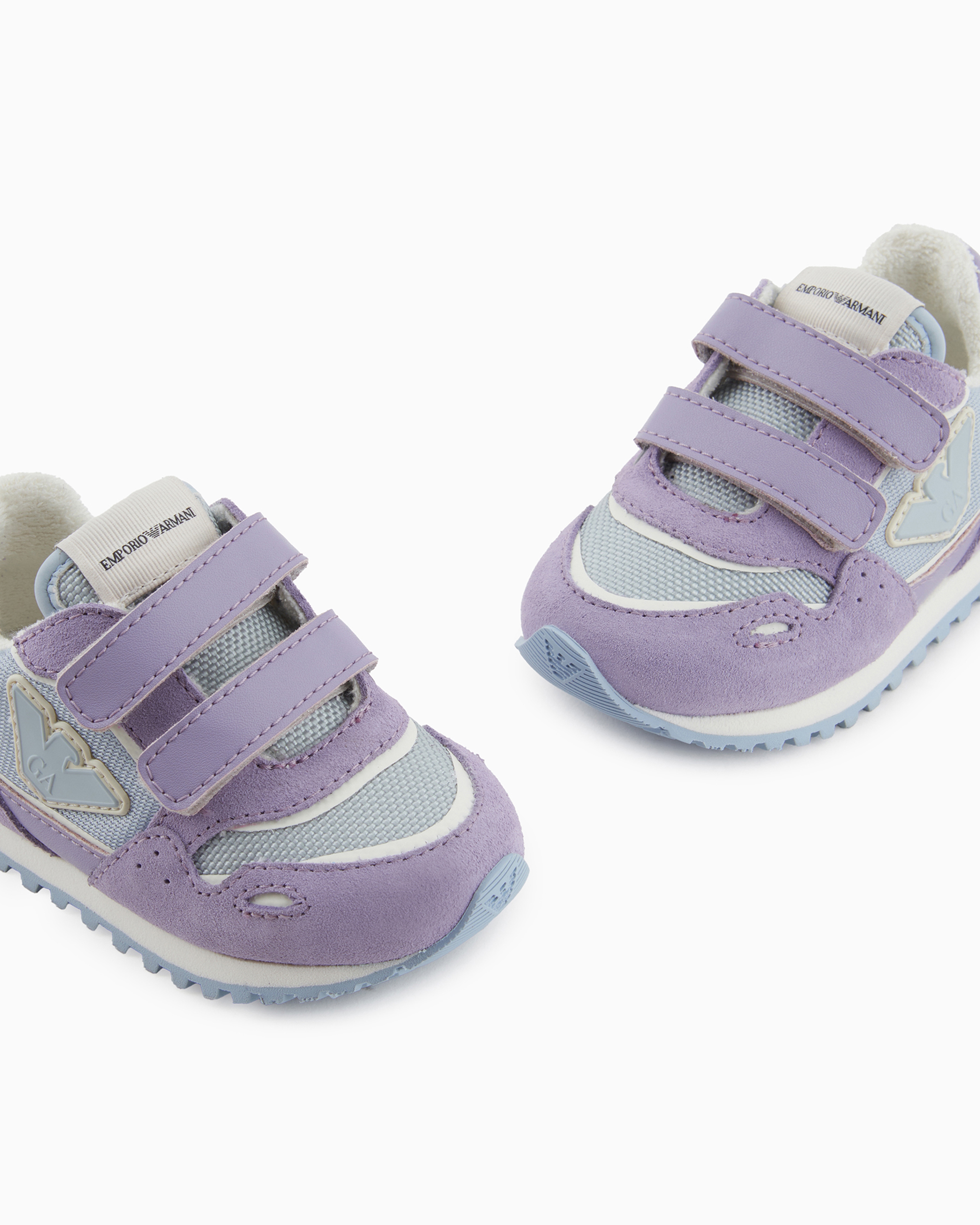 Emporio Armani Official Store Suede And Mesh Sneakers With Eagle And Velcro In Lilla