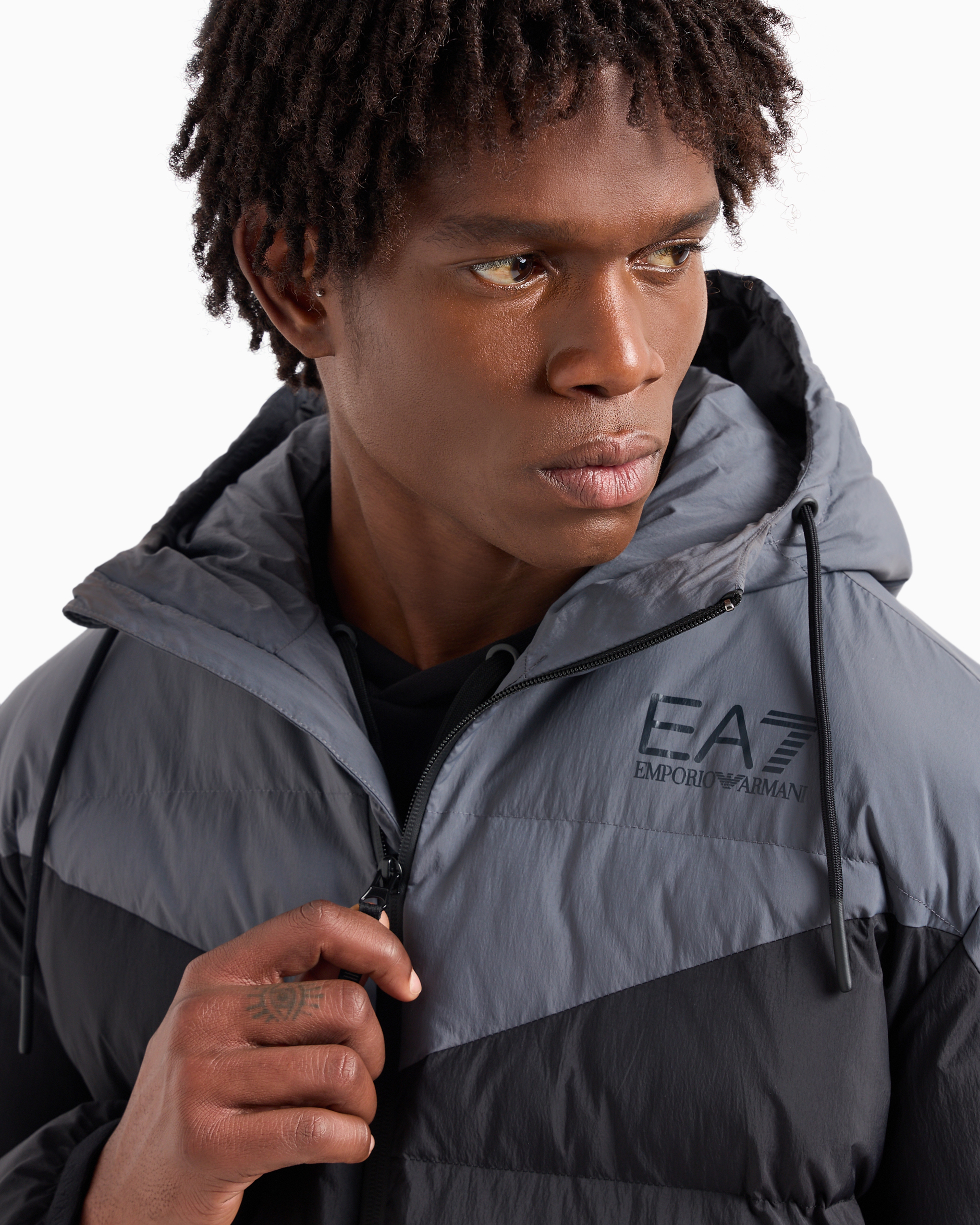 Ea7 Athletic Colour Block Padded Bomber With Hood In Black