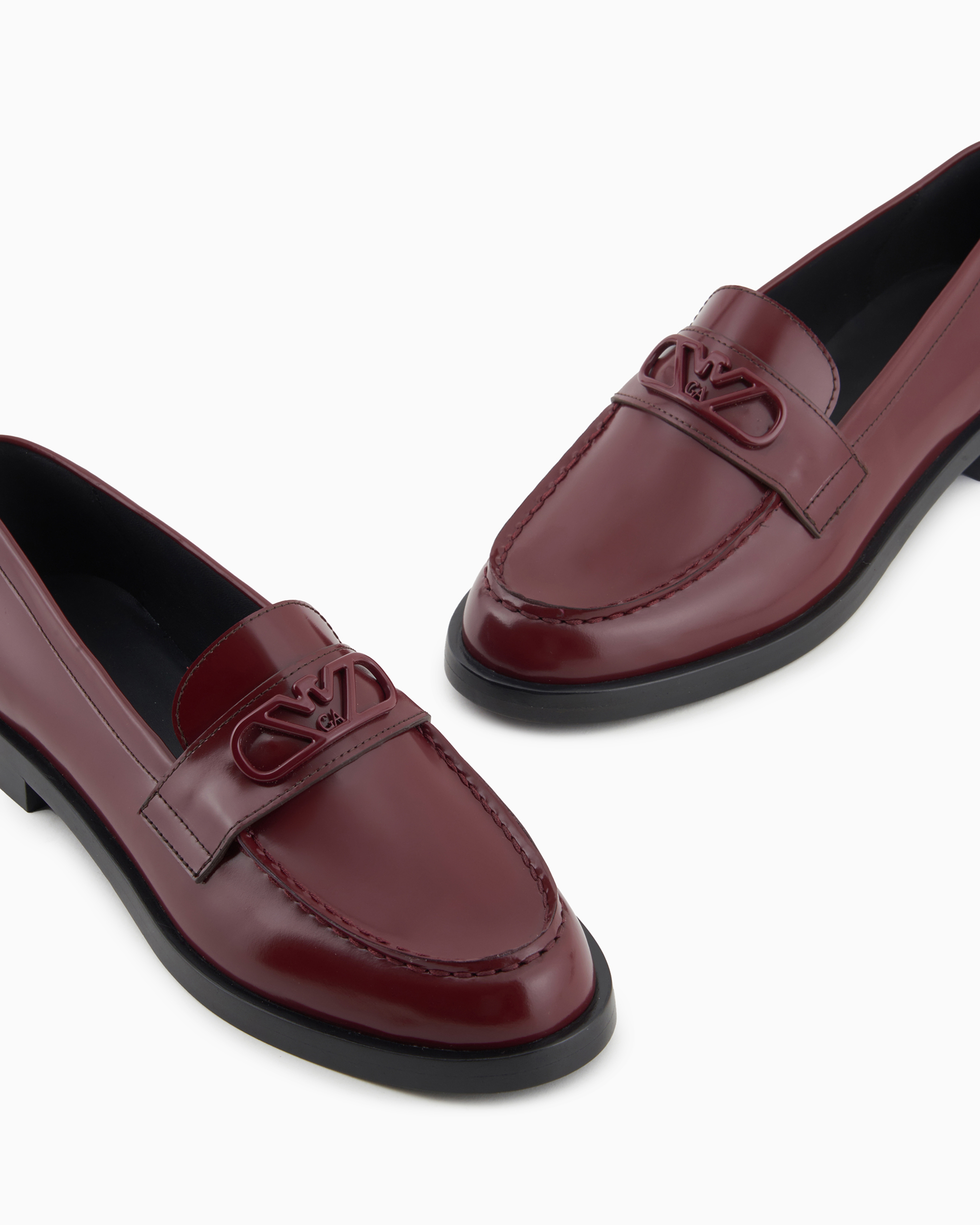 Emporio Armani Official Store Brushed Leather Loafers With Eagle Plate In Rouge