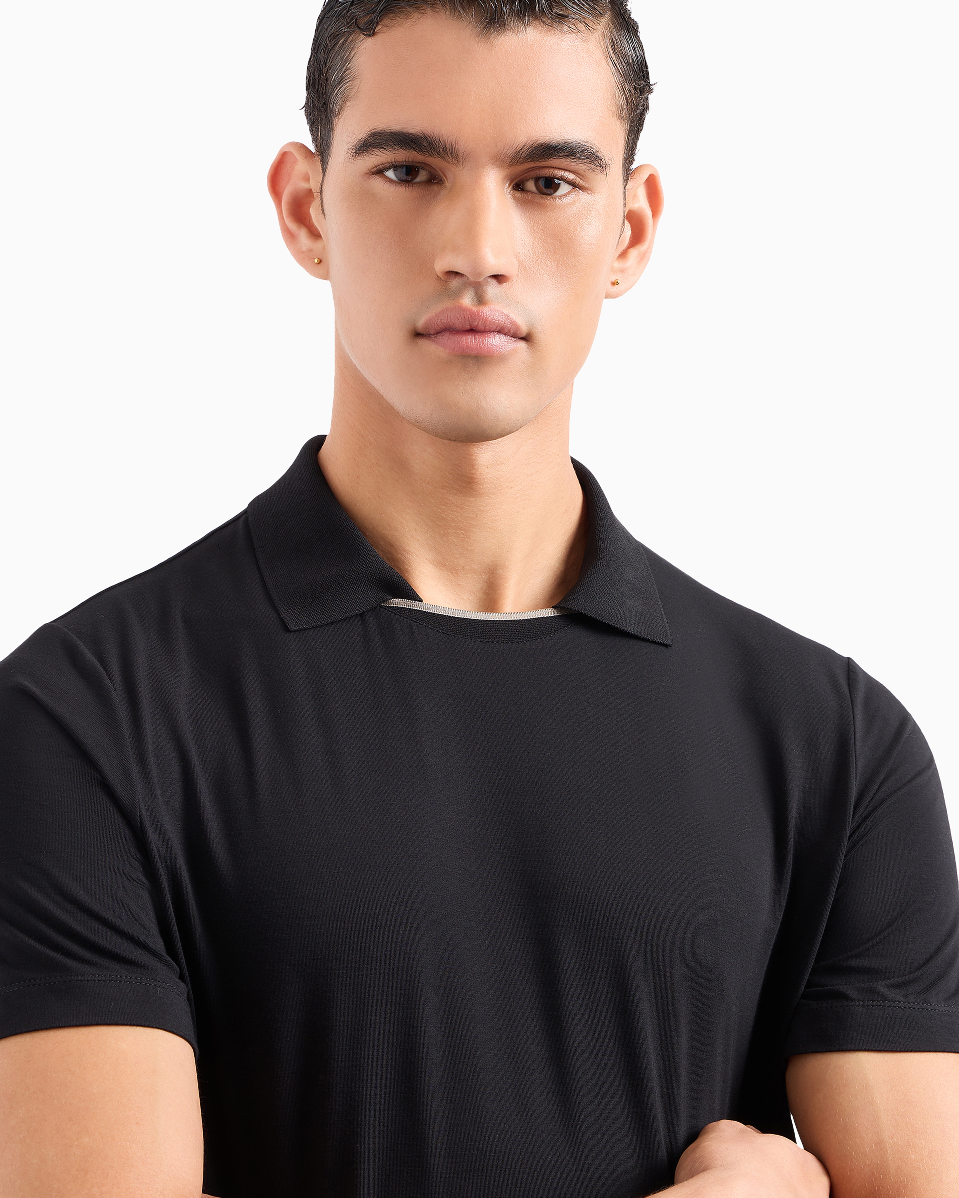 Giorgio Armani Official Store Asv Short-sleeved Viscose-jersey Polo Shirt In Black