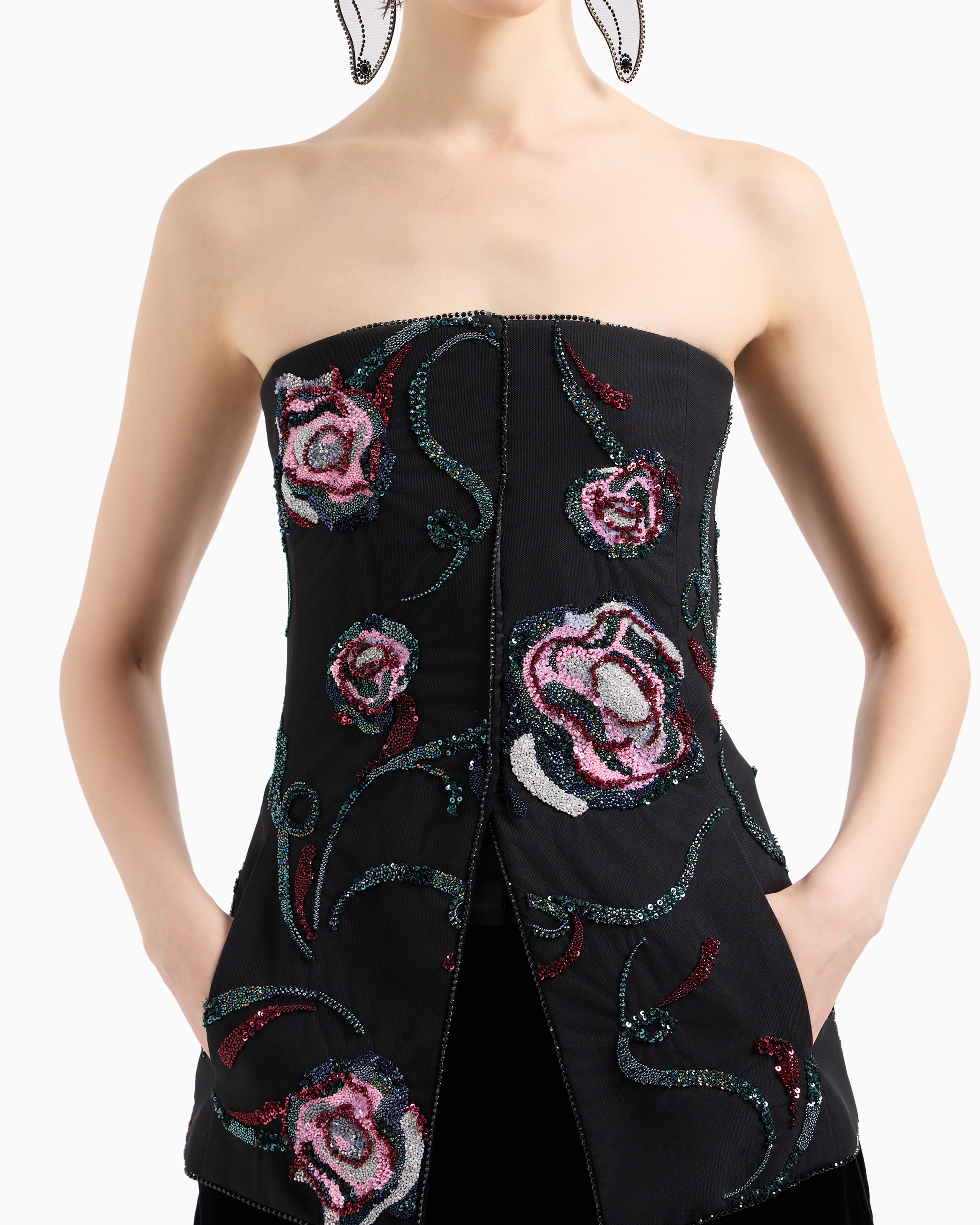 Giorgio Armani Bustier Top With All-over Floral Embroidery In Black