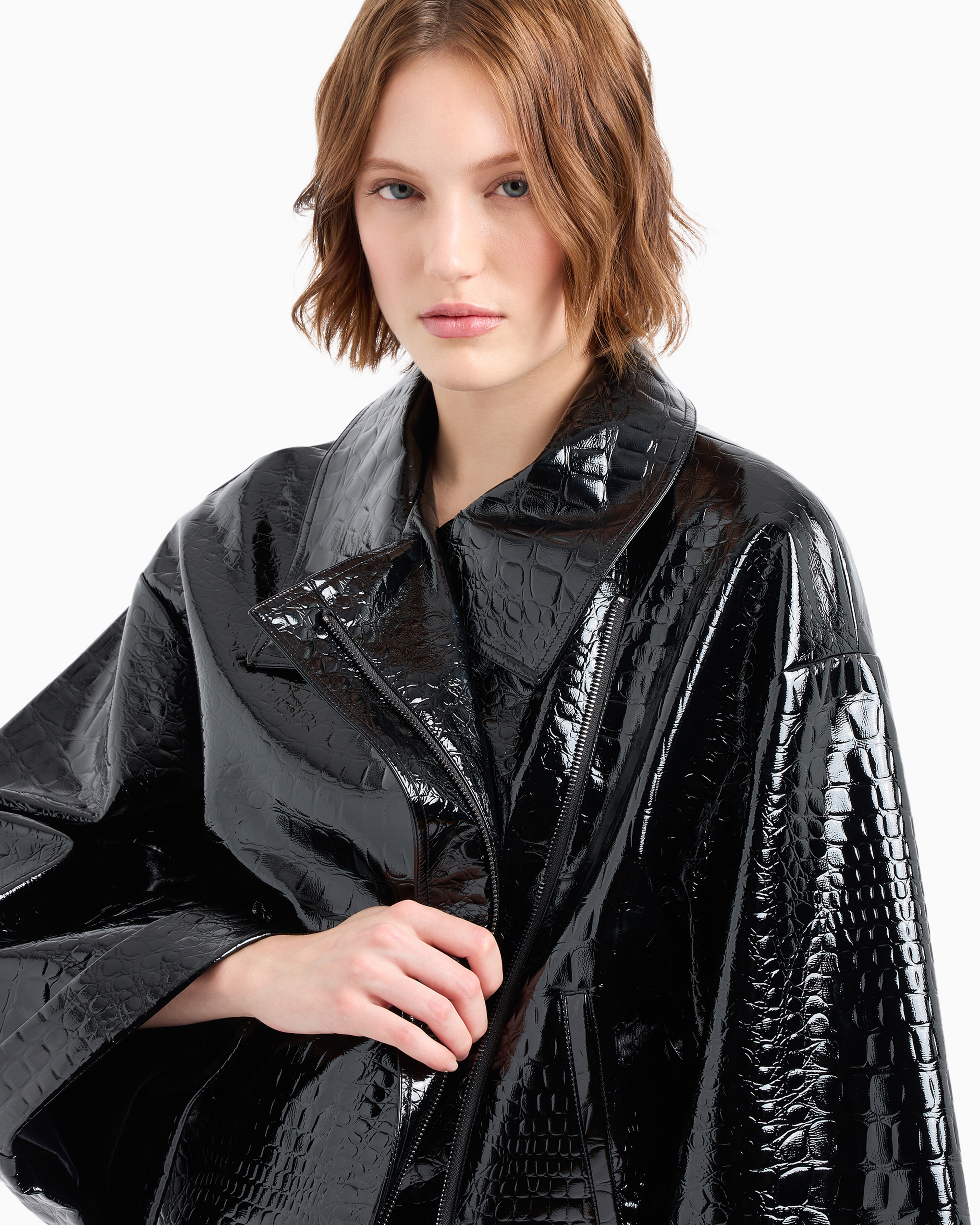 Shop Emporio Armani Mock Croc Vinyl Blouson With Kimono Sleeves In Noir