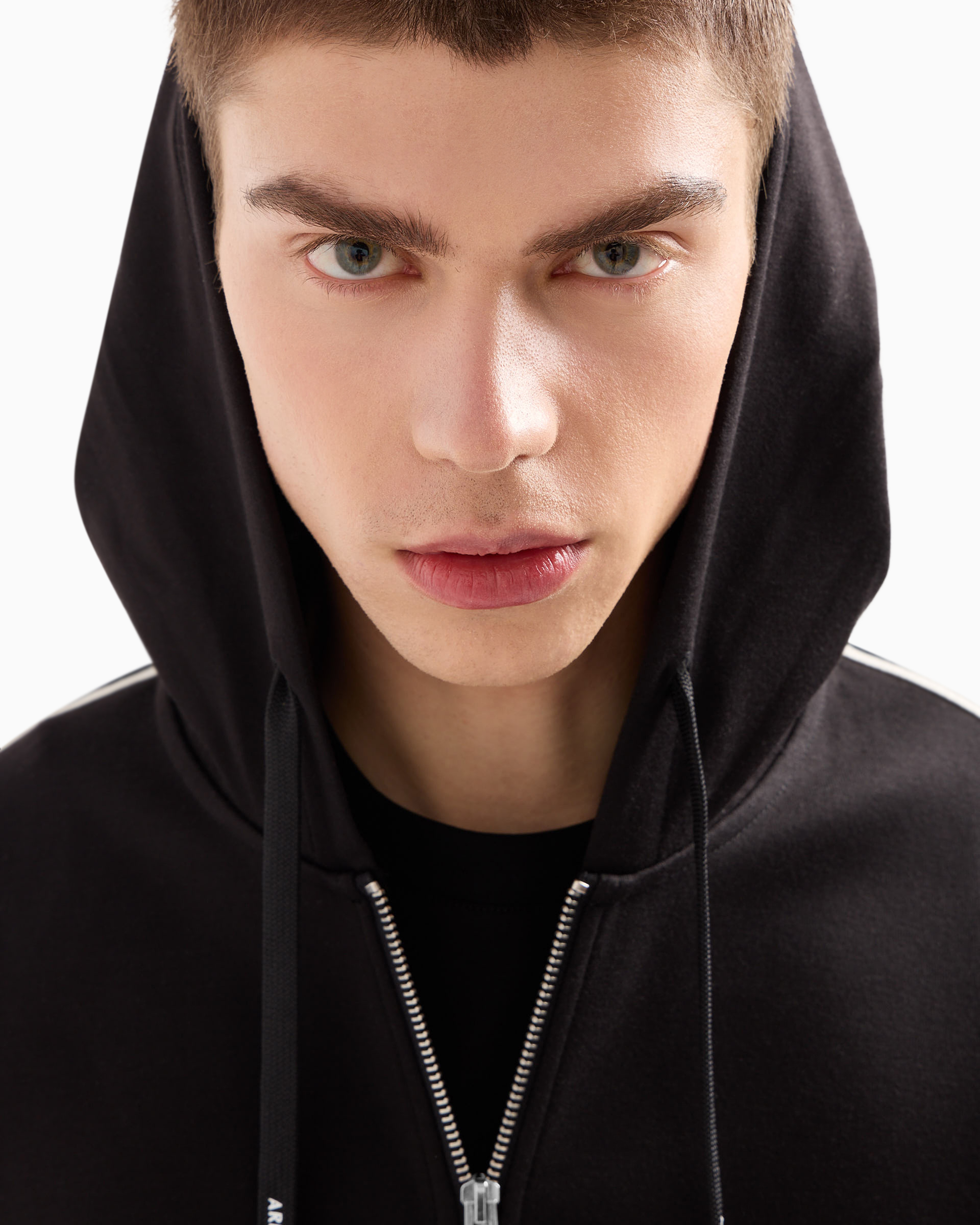Armani Exchange Full Zip Sweatshirt In Bonded Cotton With Bands On The Sleeves In Black