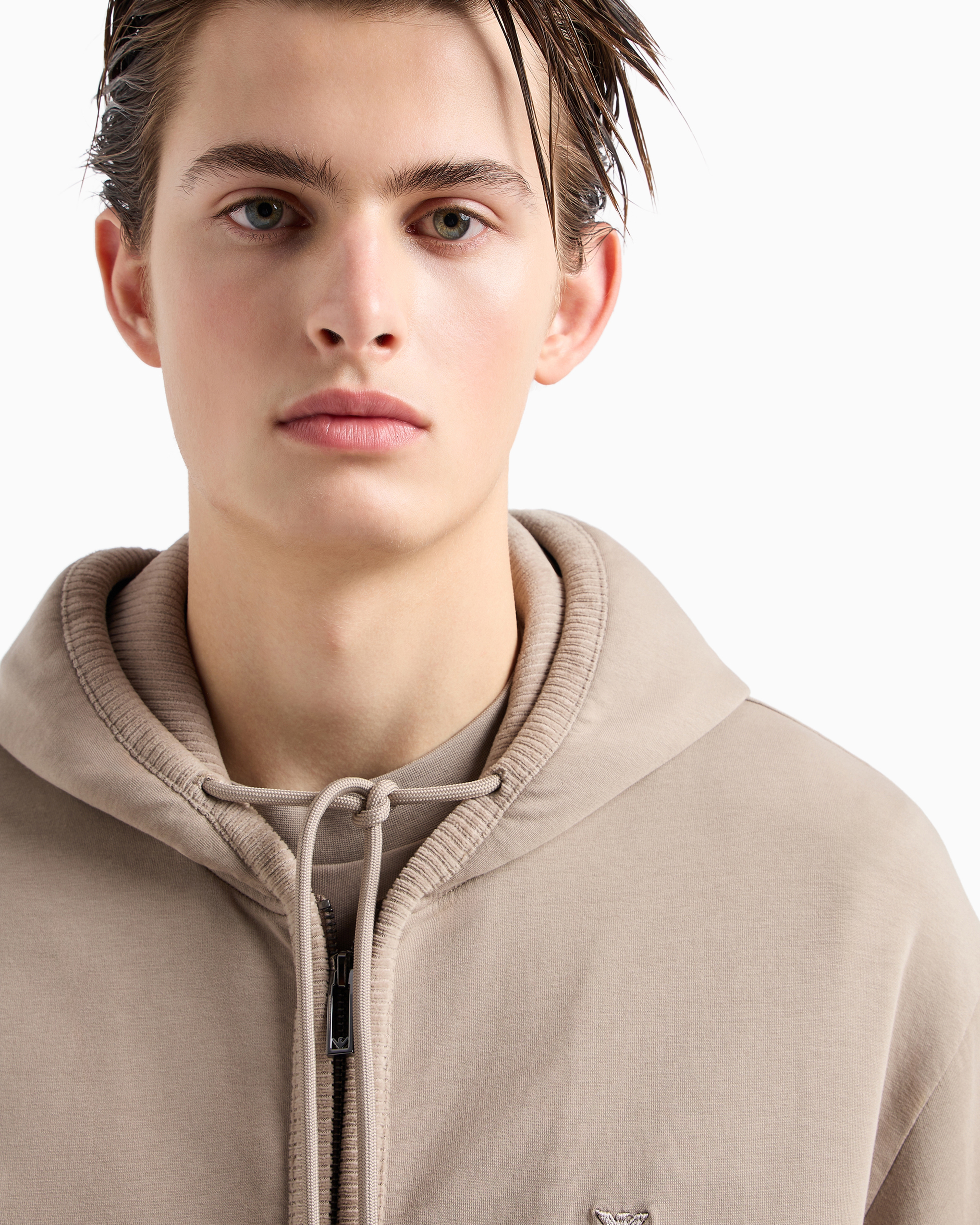 Shop Emporio Armani Double-jersey Hooded Zip-up Sweatshirt With Velour Details In Beige