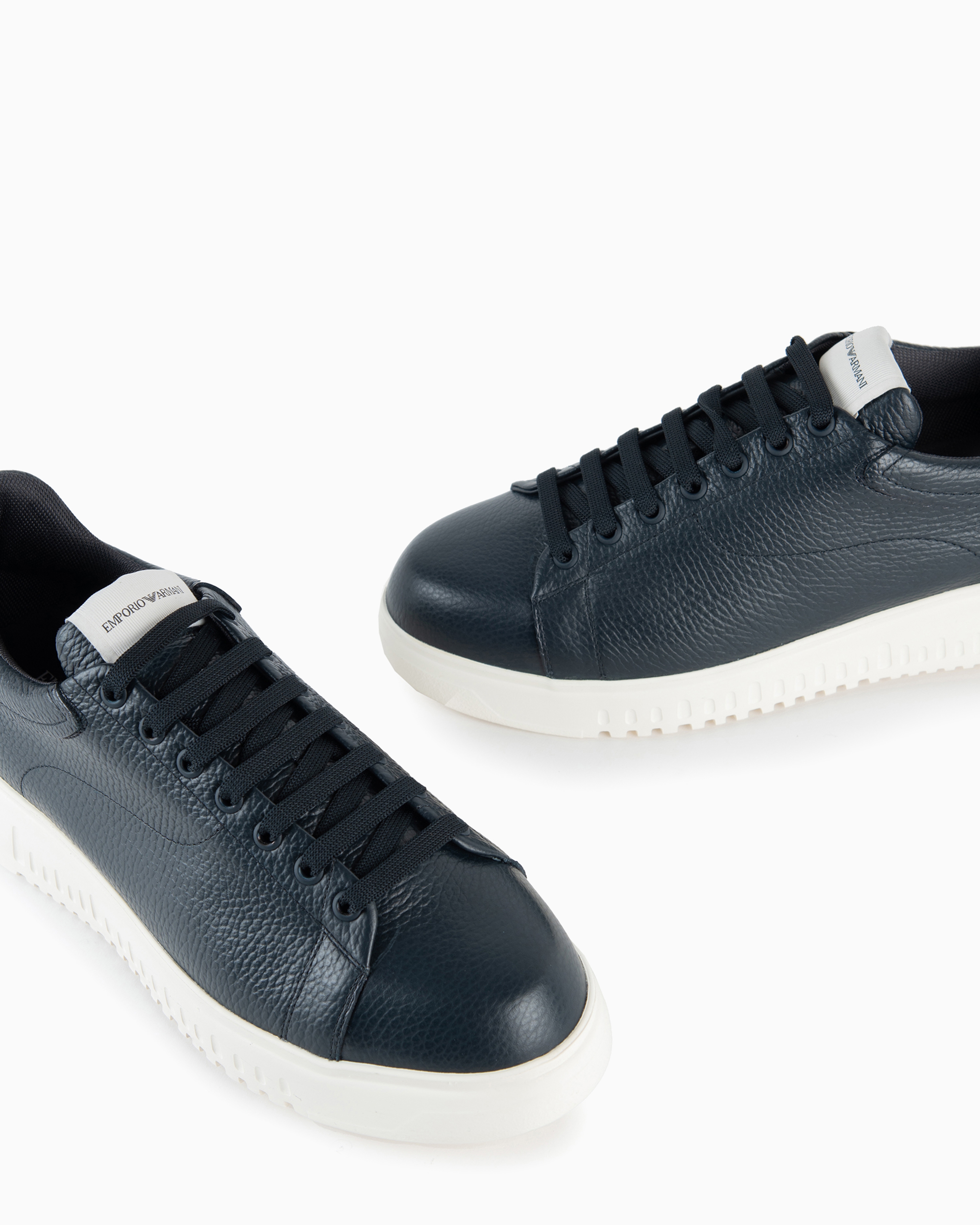 Emporio Armani Official Store Tumbled Leather Sneakers In Navy Blue