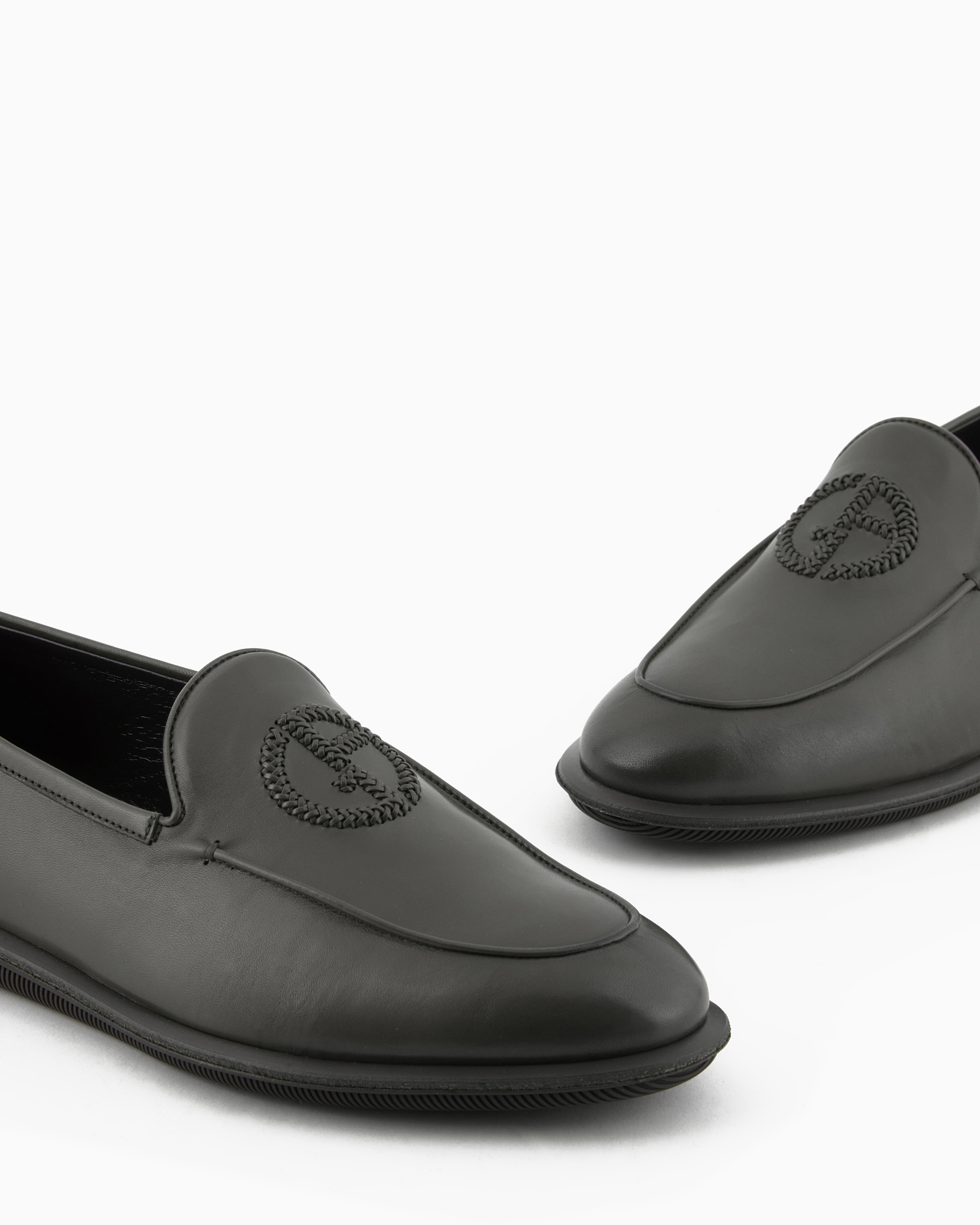 Giorgio Armani Official Store Vintage Nappa Leather Loafers With Embroidered Logo In Green