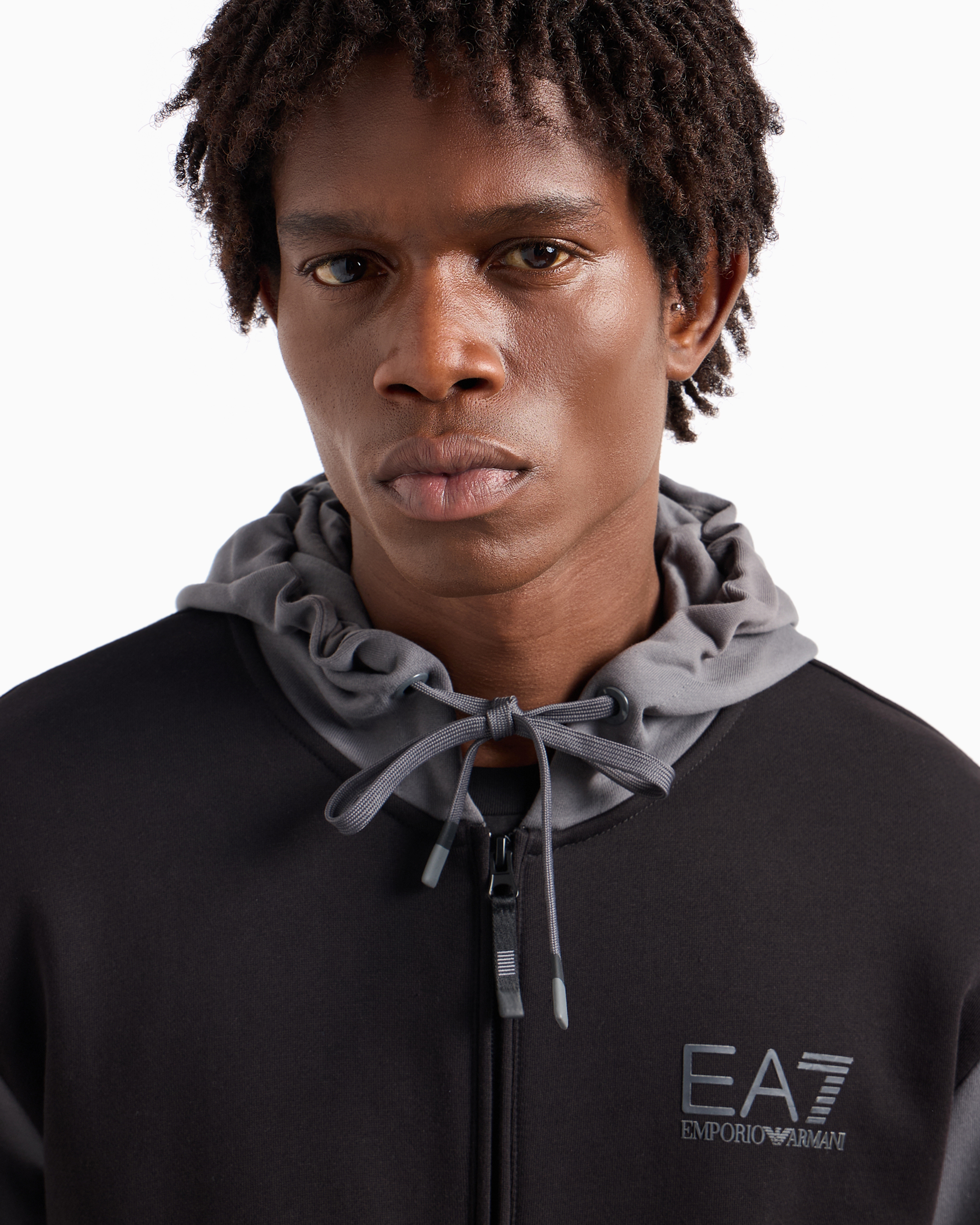 Ea7 Athletic Colour Block Hooded Sweatshirt In A Cotton Blend In Black