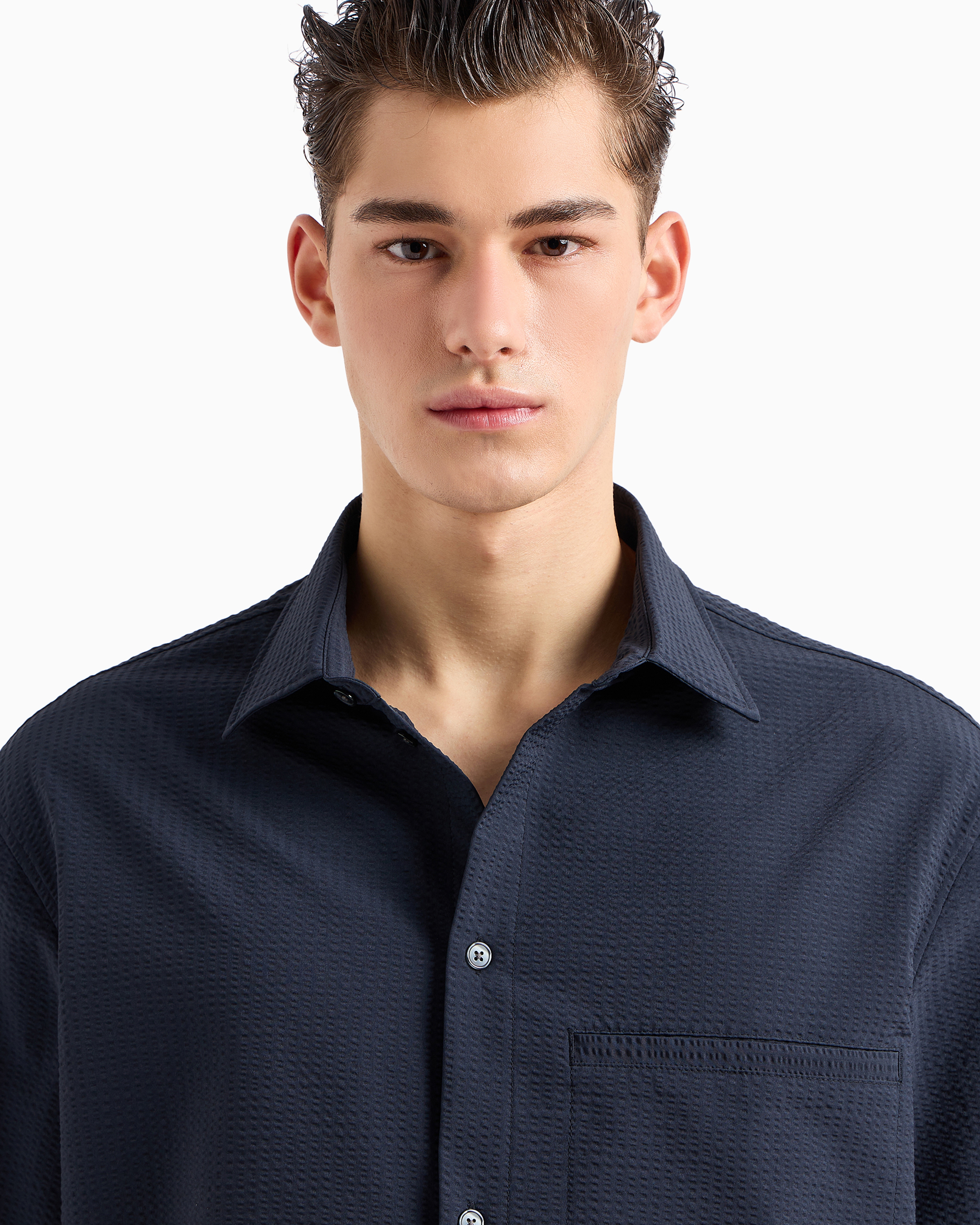 Shop Emporio Armani Short-sleeved Oversized Shirt In Technical Seersucker In Navy Blue