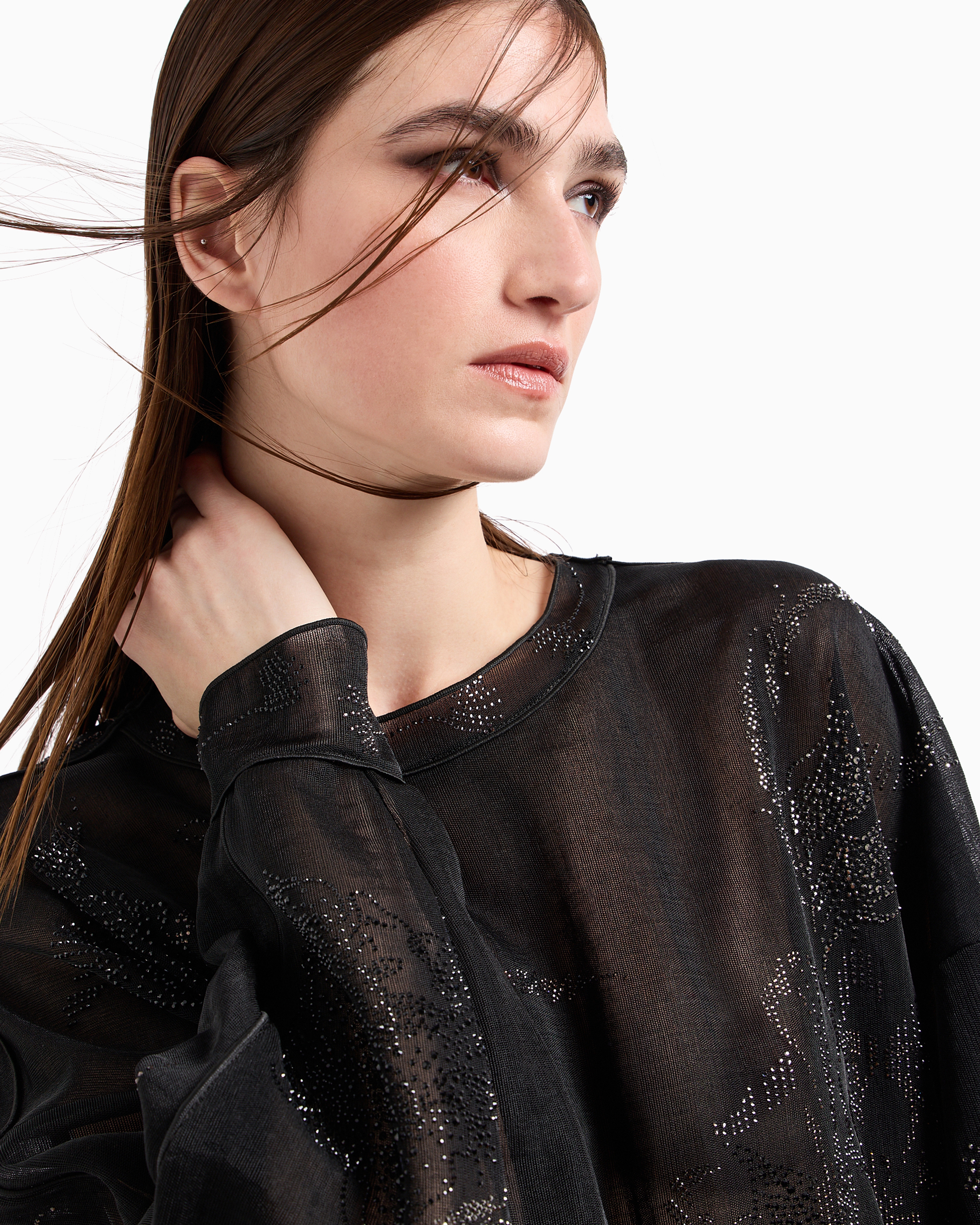 Giorgio Armani Sheer Interlock Shirt With Swarovski Embroidery In Black
