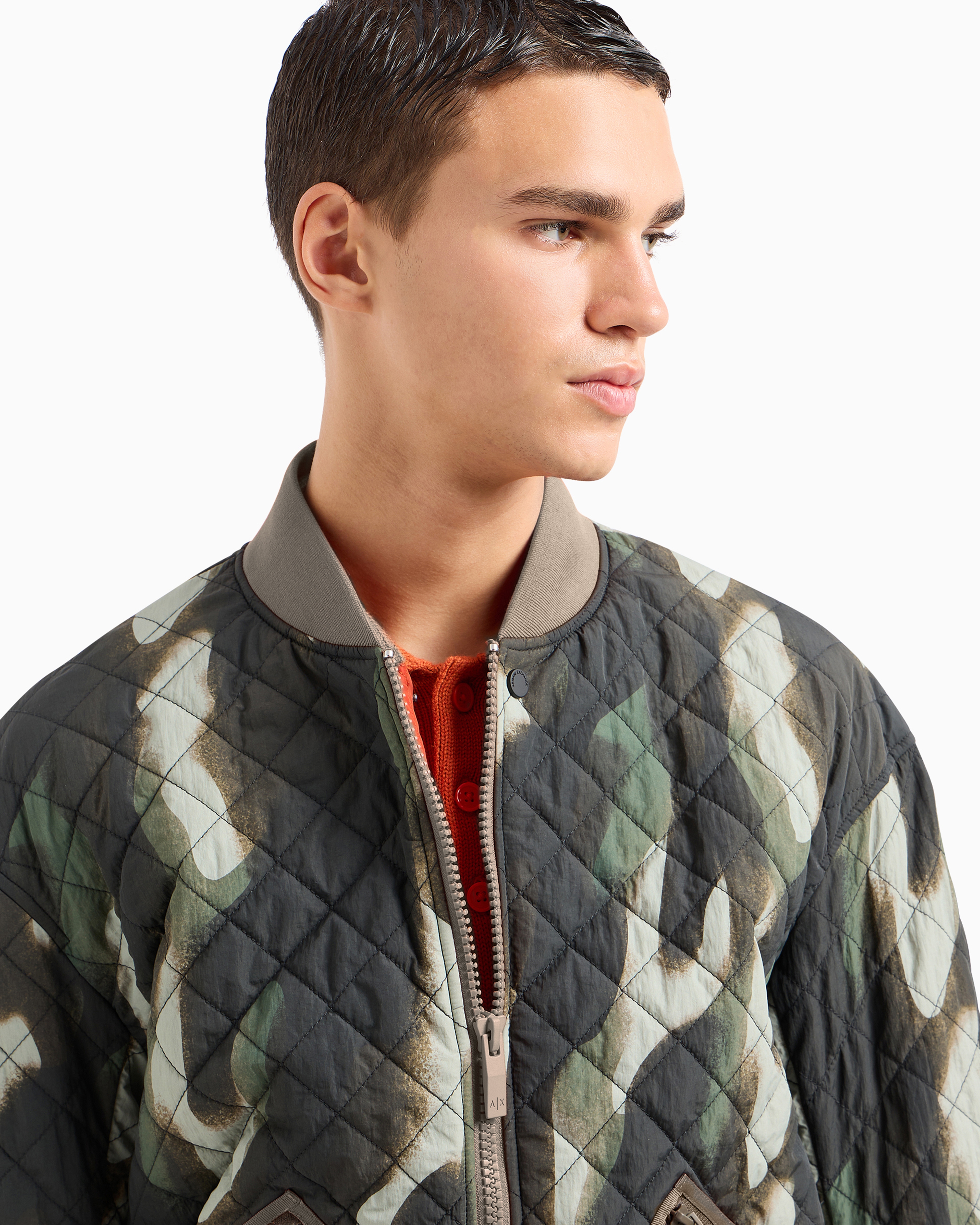 Shop Armani Exchange Bomber Jacket In Crinkle Camouflage Fabric With Contrasting Details In Verde Scuro 1