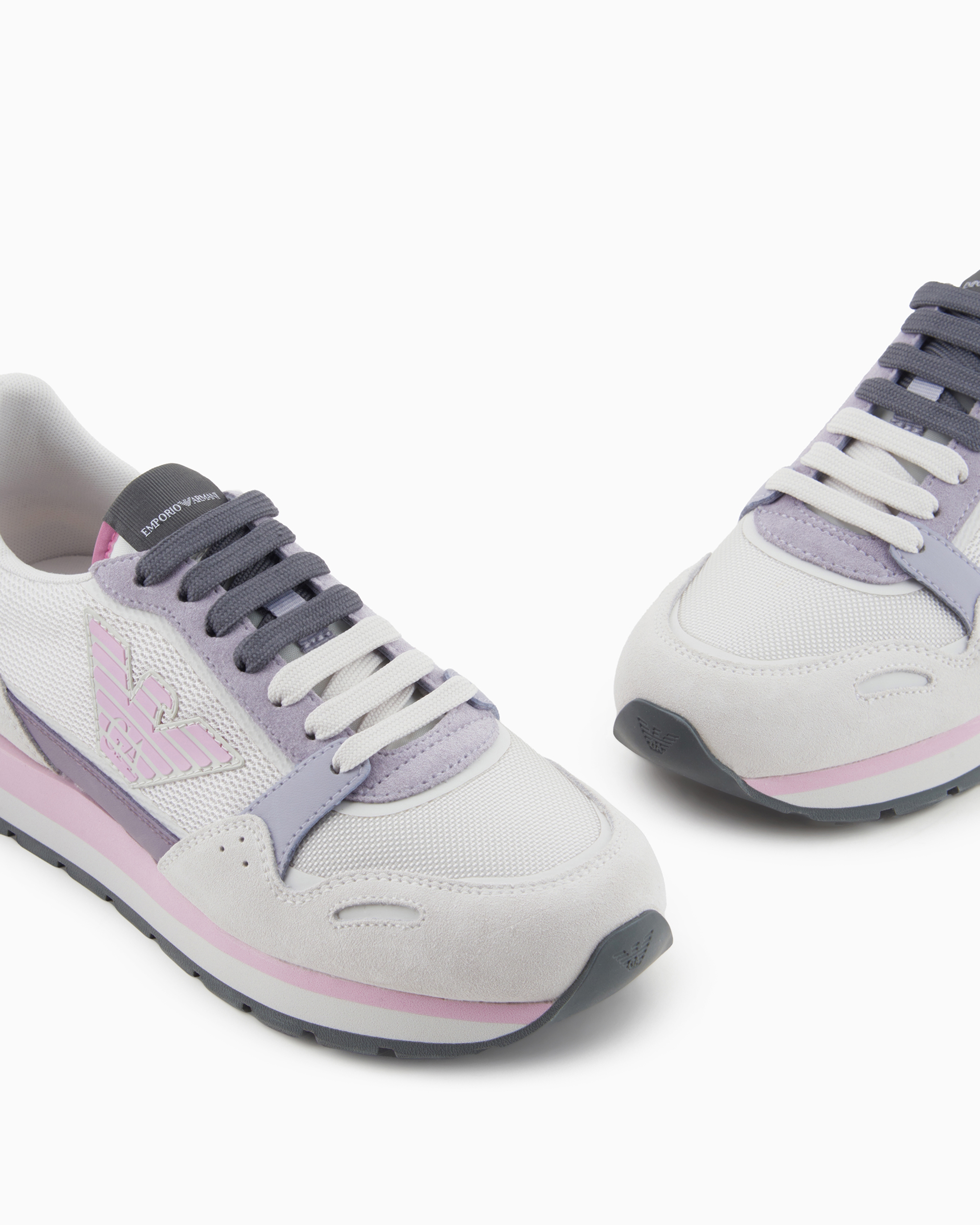 Emporio Armani Official Store Mesh Sneakers With Suede Details And Eagle Patch In Light Gray