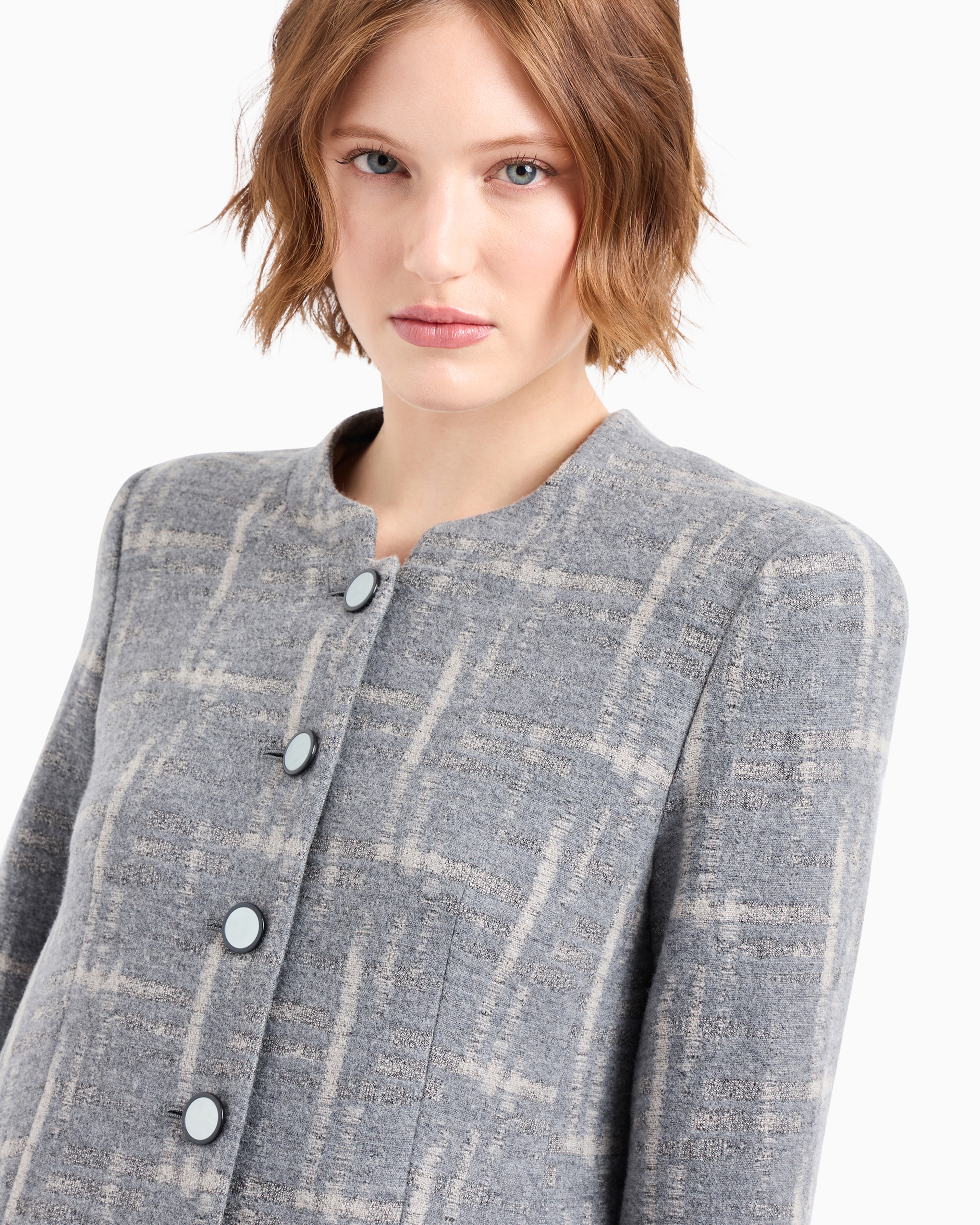 Shop Emporio Armani Icon Jacket In A Brushed Wool Blend With A Jacquard Check Pattern In Gris