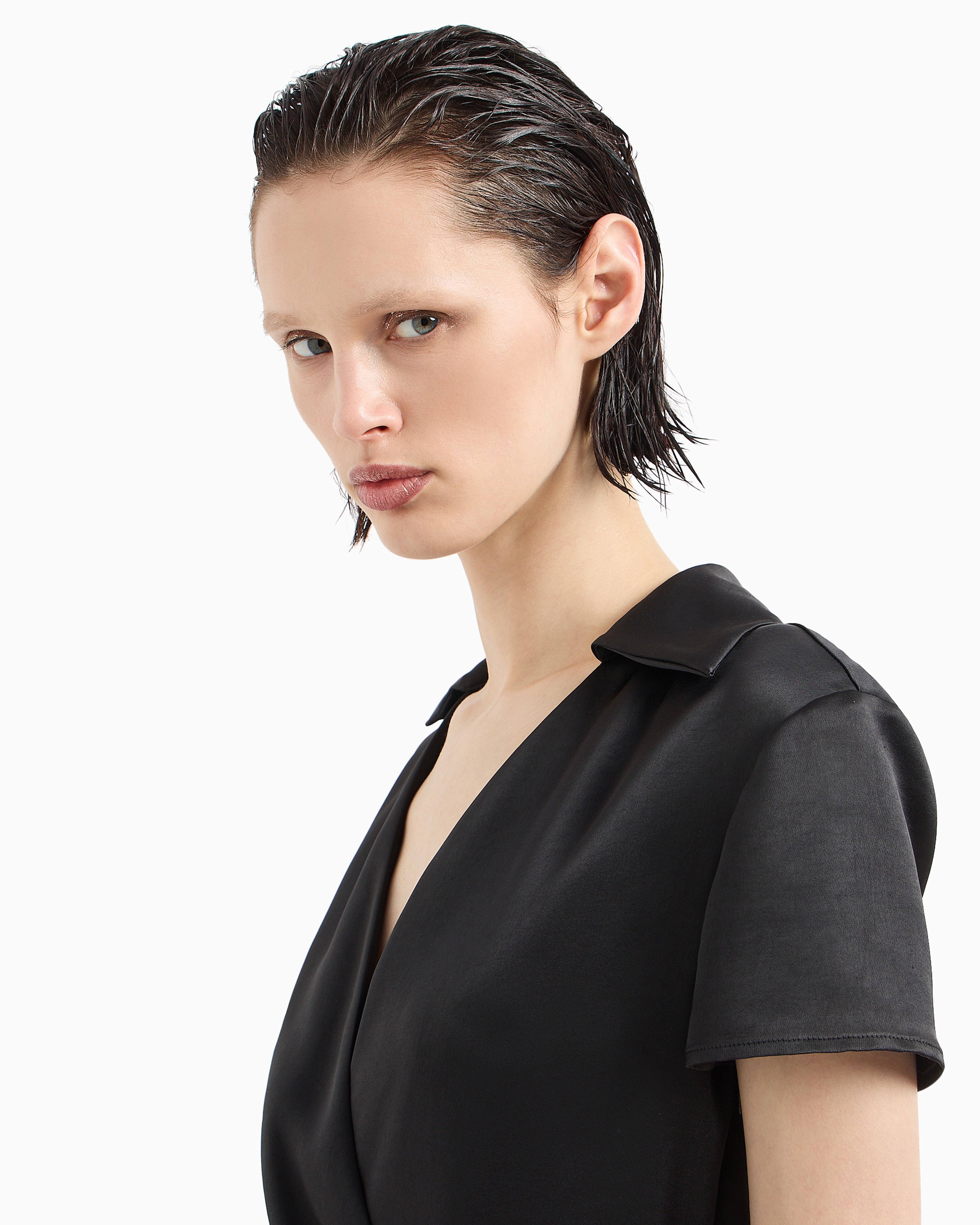 Shop Armani Exchange Short Satin Dress With Overlapping Neckline In Black