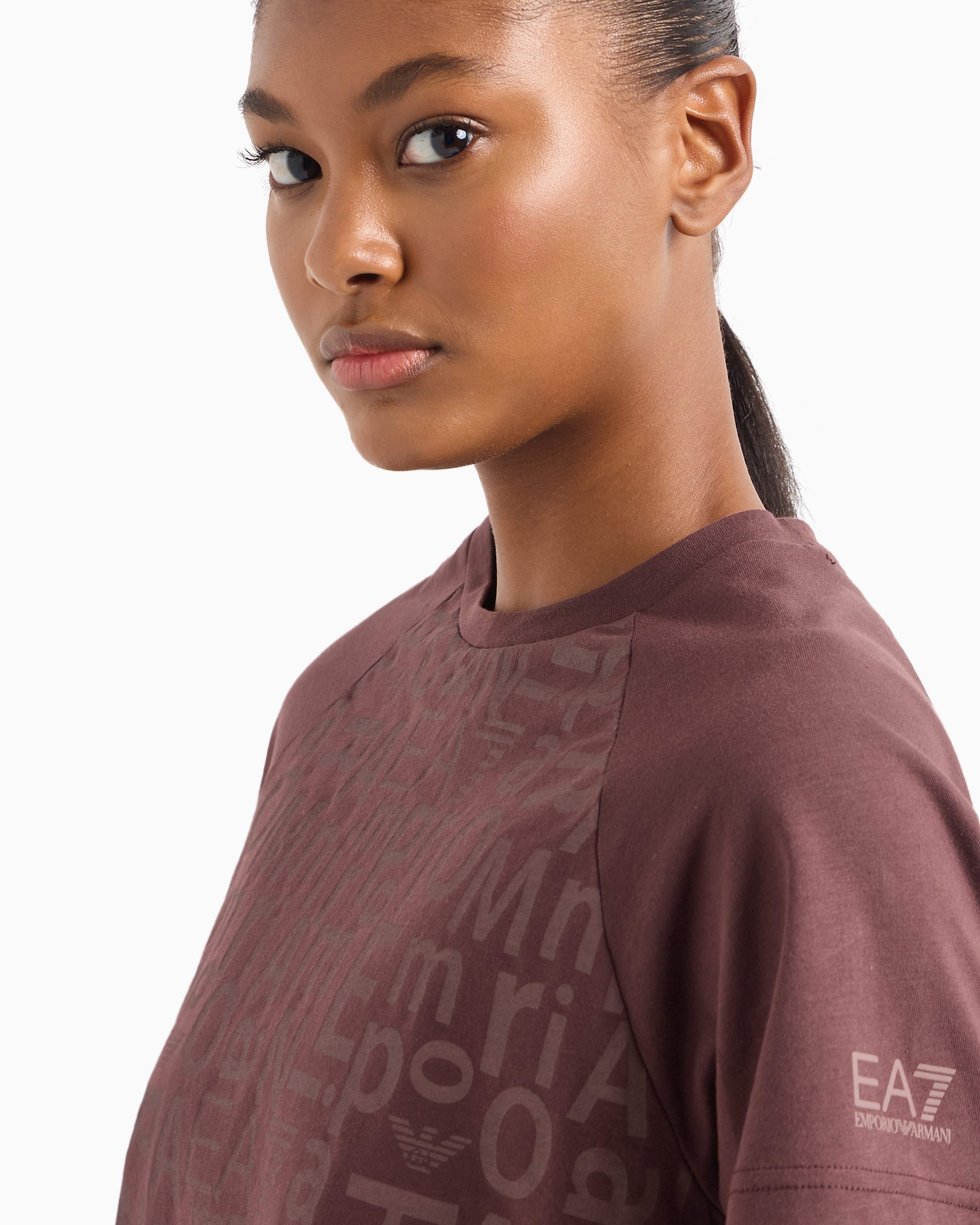 Ea7 Graphic Series Stretch-cotton Cropped T-shirt With All-over Print In Brown