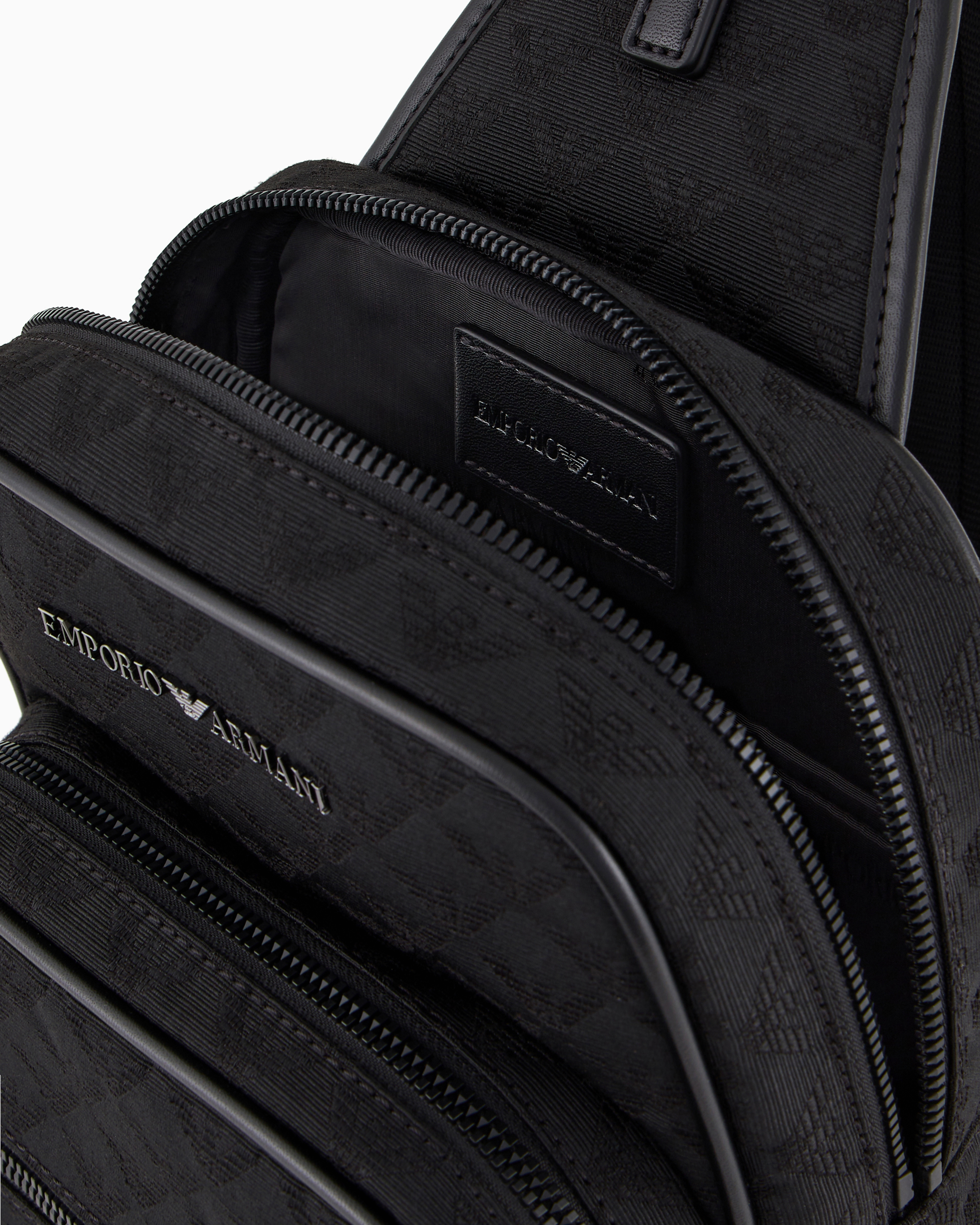 Emporio Armani Official Store Nylon One-shoulder Backpack With All-over Jacquard Eagle In Black
