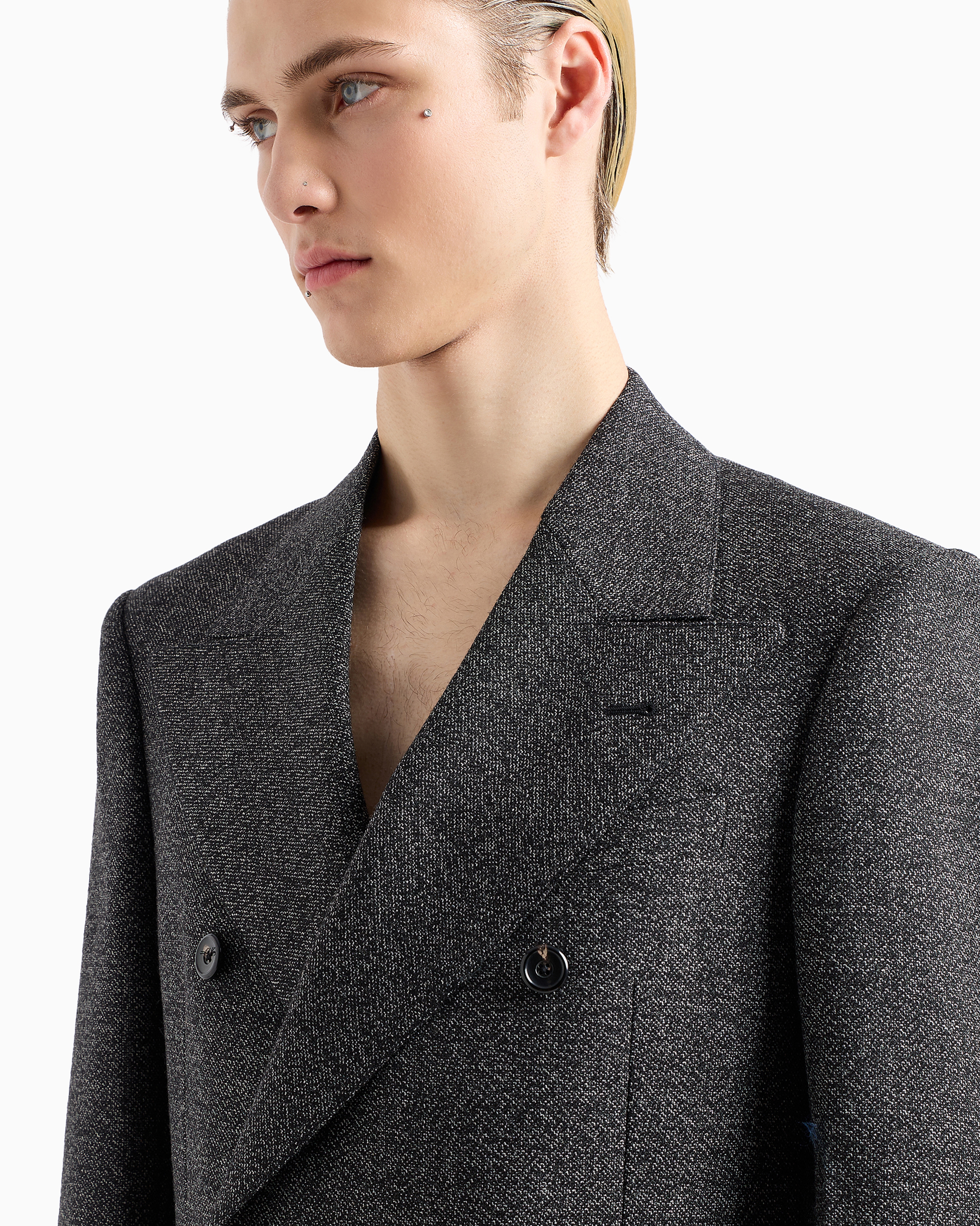 Shop Emporio Armani Double-breasted Jacket In Compact Mouliné Wool Grisaille