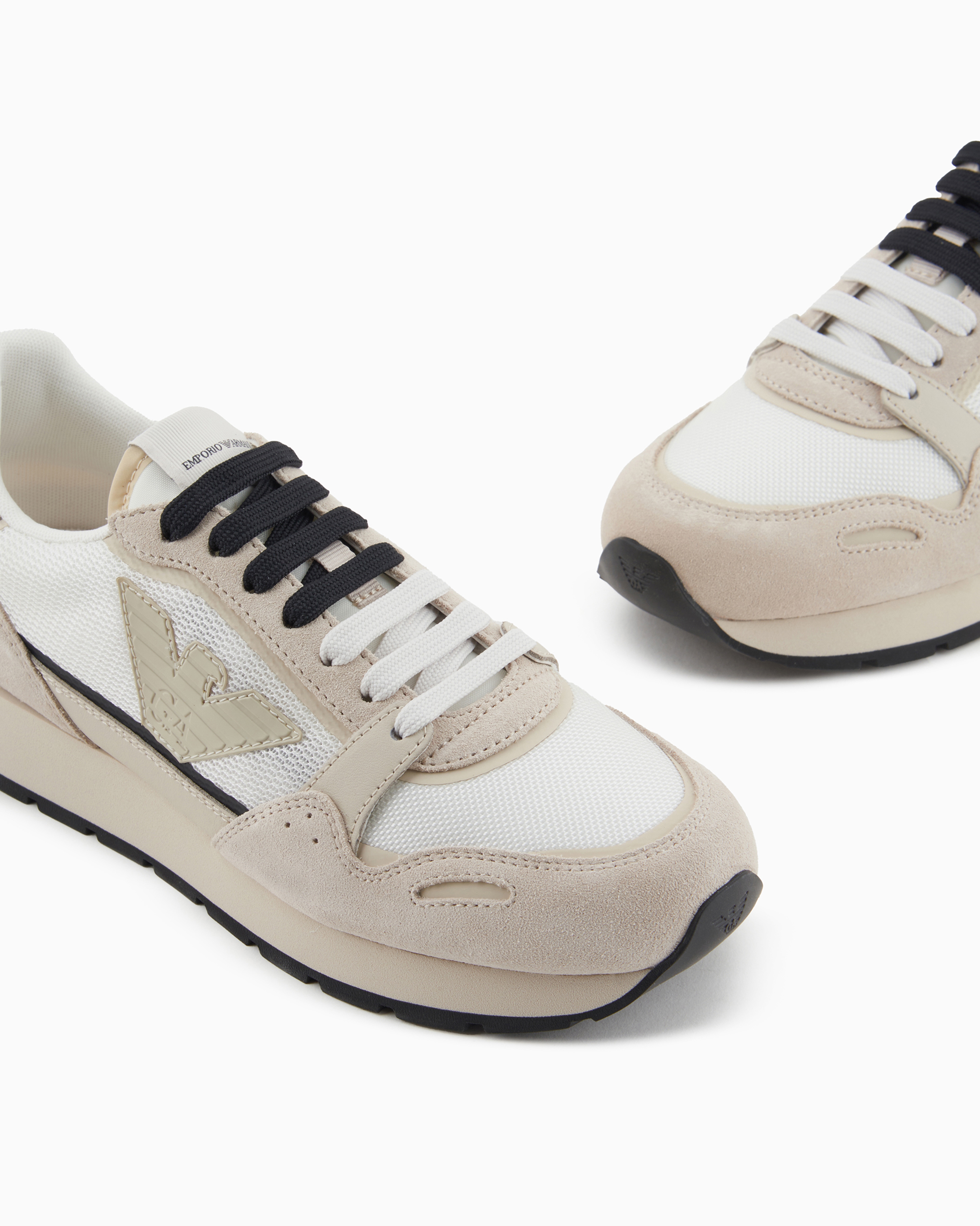 Shop Emporio Armani Mesh Sneakers With Suede Details And Eagle Patch In Beige