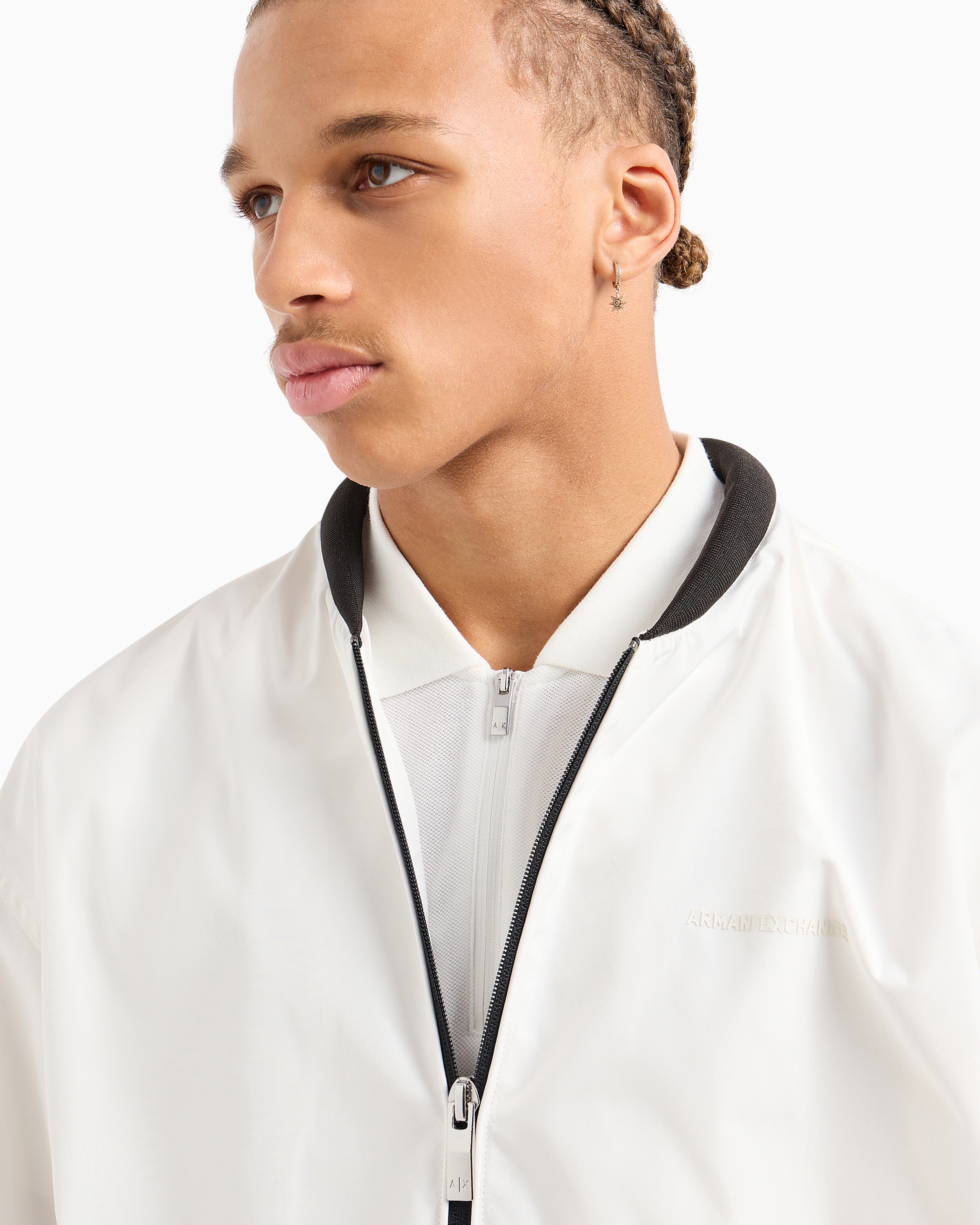 Shop Armani Exchange Bomber Jacket In Technical Fabric With Tone-on-tone Logo In White