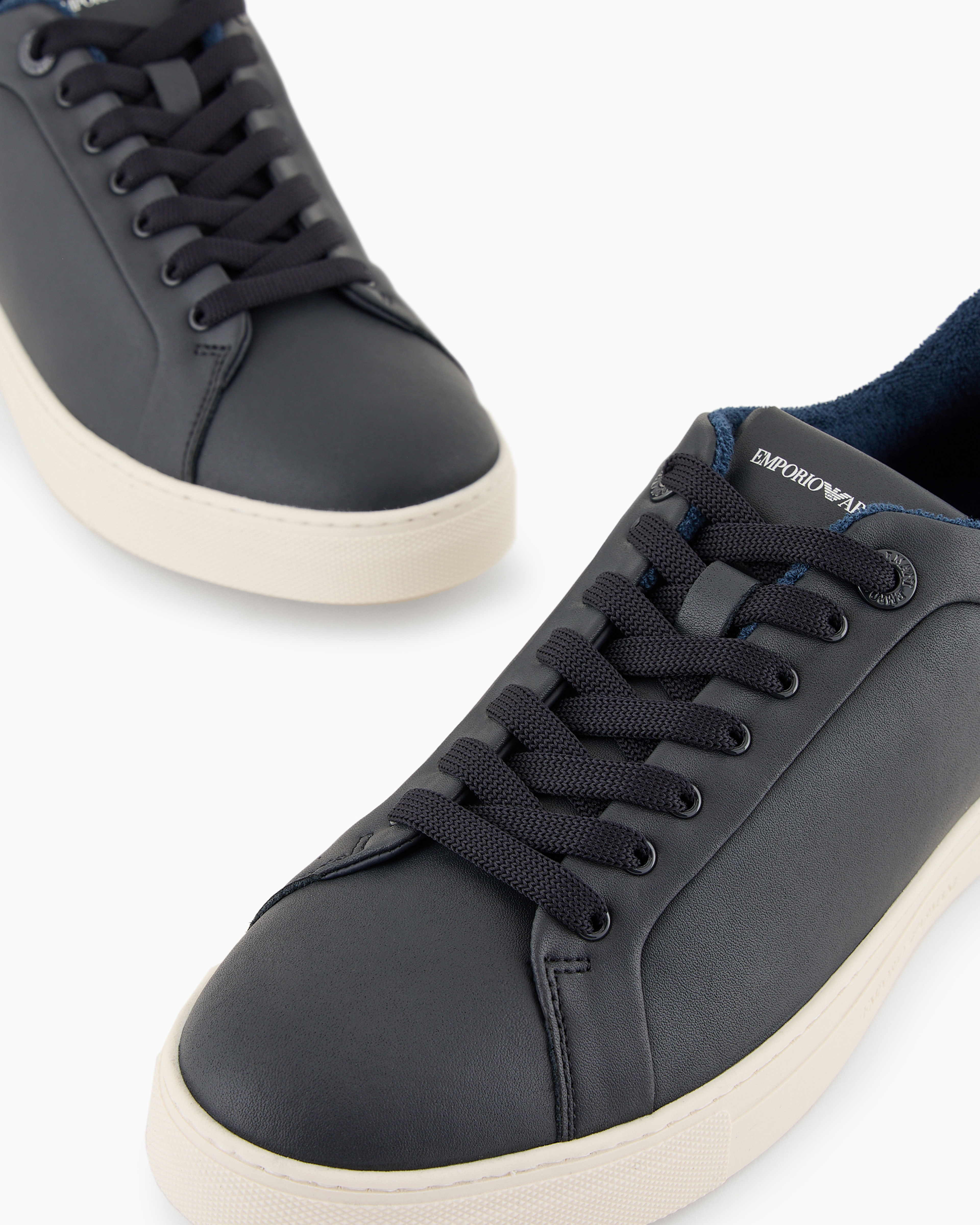 Shop Emporio Armani Supple Leather Sneakers In Navy Blue