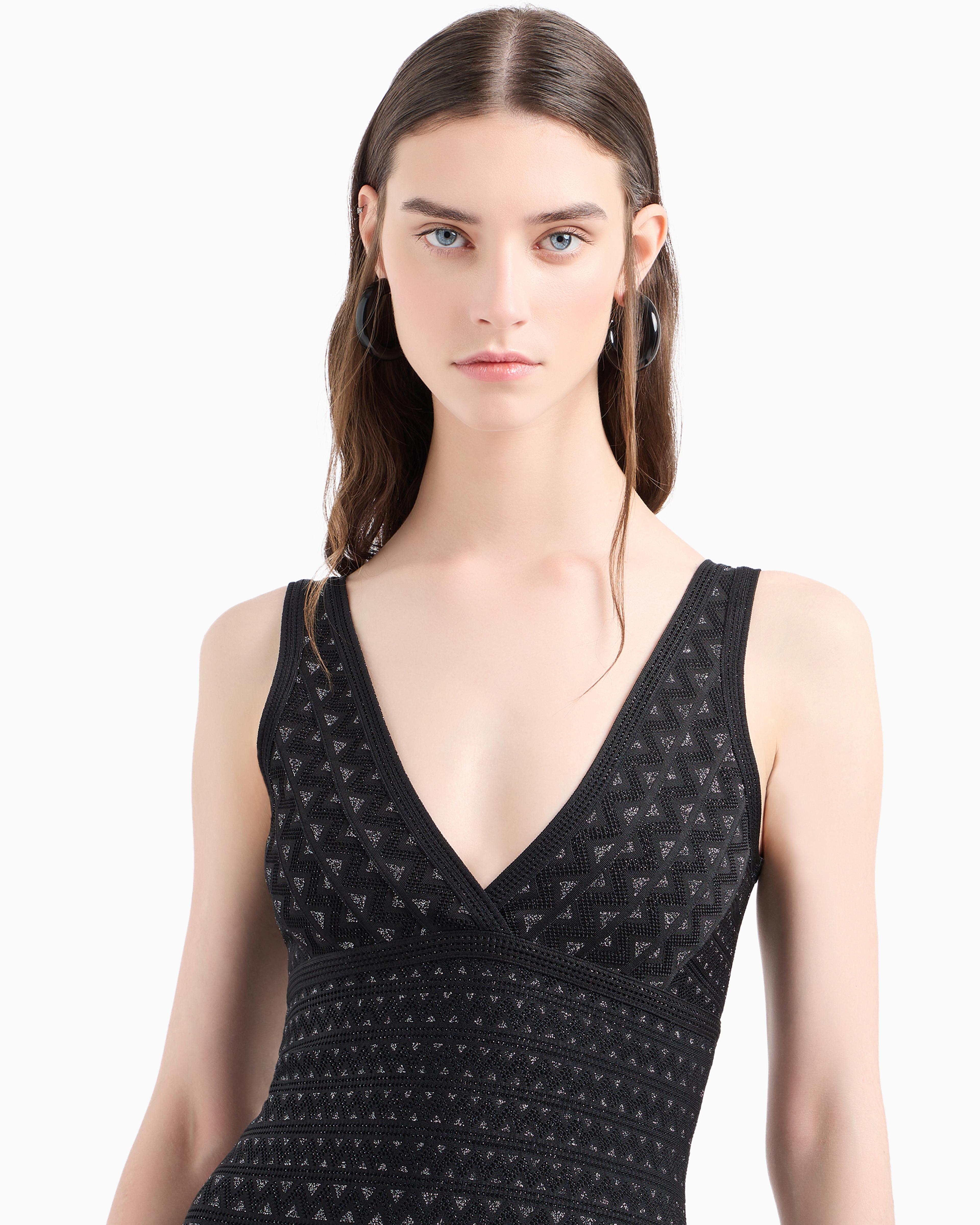 Shop Emporio Armani Moon Capsule Collection Two-tone Jacquard Stretch-knit Flared Dress In Black