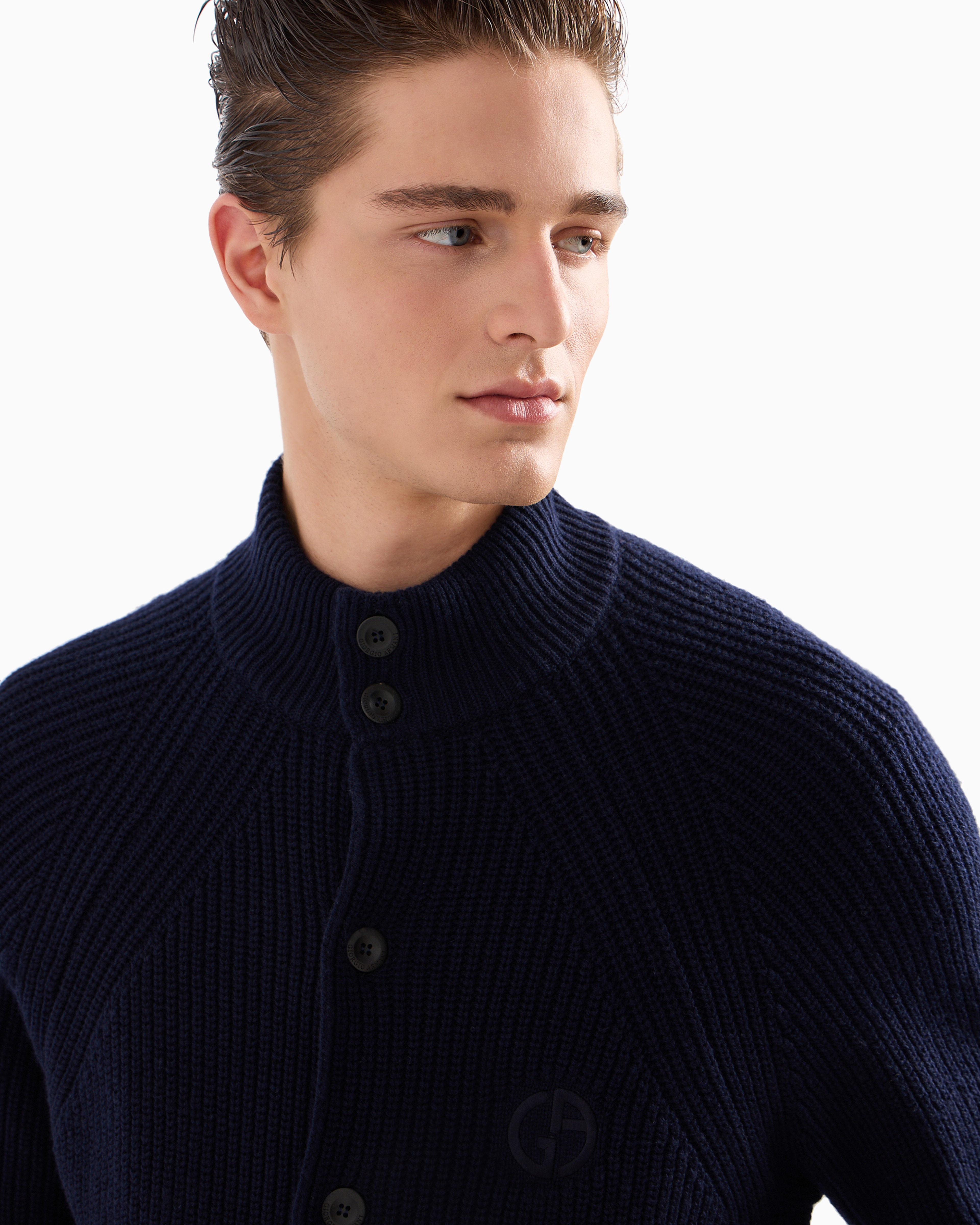 Shop Giorgio Armani Virgin Wool And Cashmere Blouson In A Half Fisherman's Rib Knit In Blue