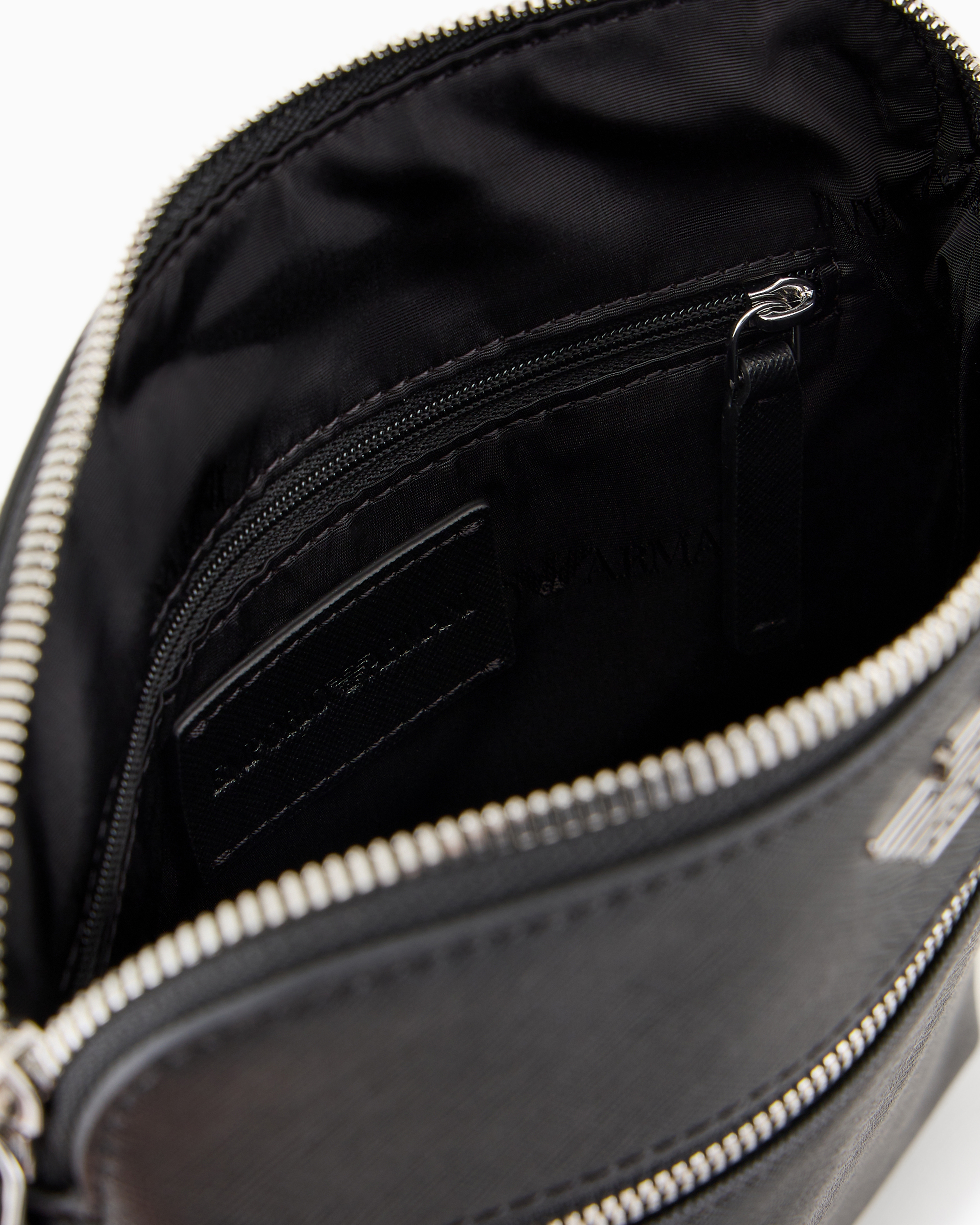 Emporio Armani Asv Regenerated Saffiano Leather Flat Shoulder Bag With Eagle Plate In Black