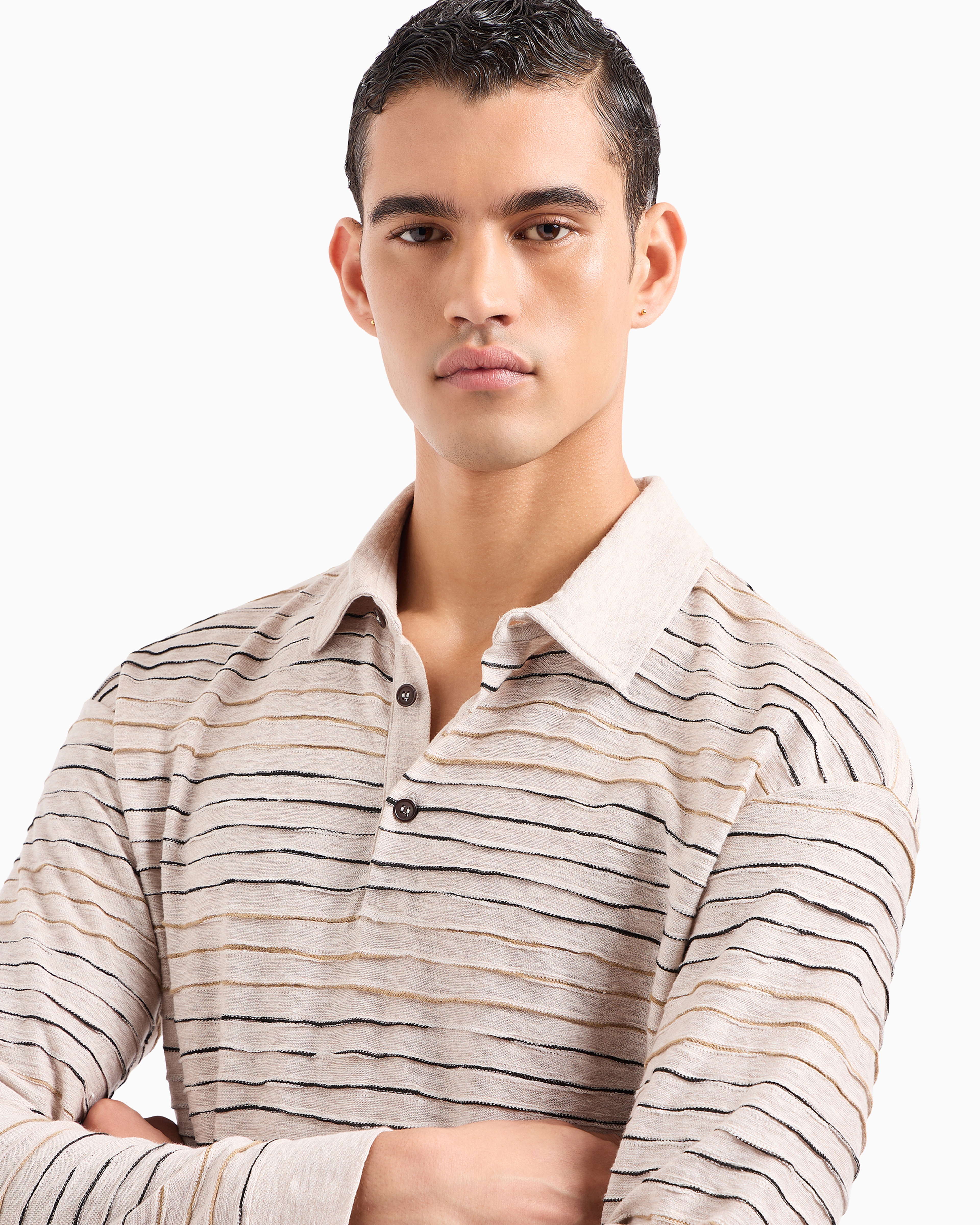 Shop Giorgio Armani Long-sleeved Polo Shirt In Linen, Cotton And Viscose Jersey Jacquard In Beige