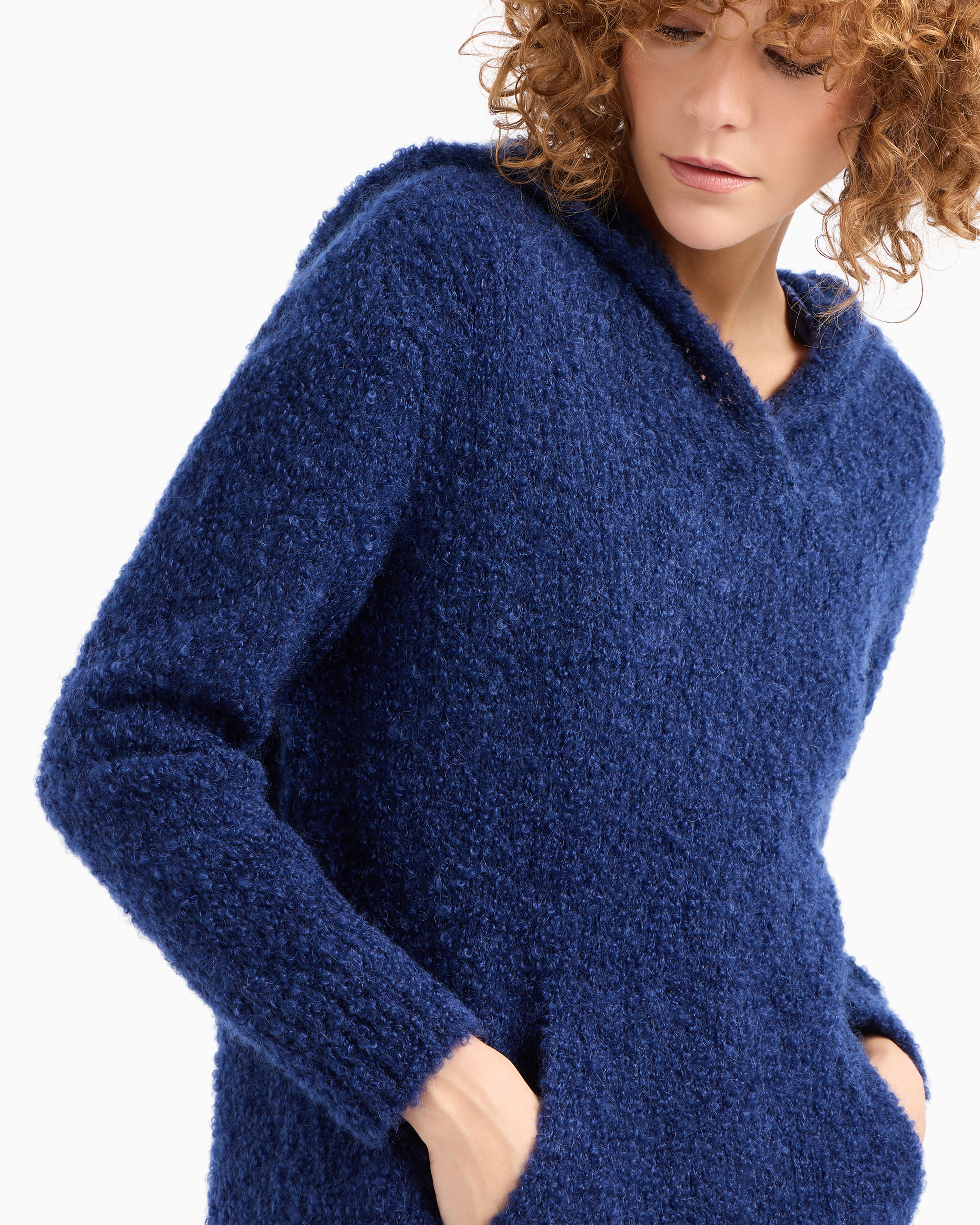 Shop Emporio Armani Plain-knit Cashgora Hooded Jumper In Bleu