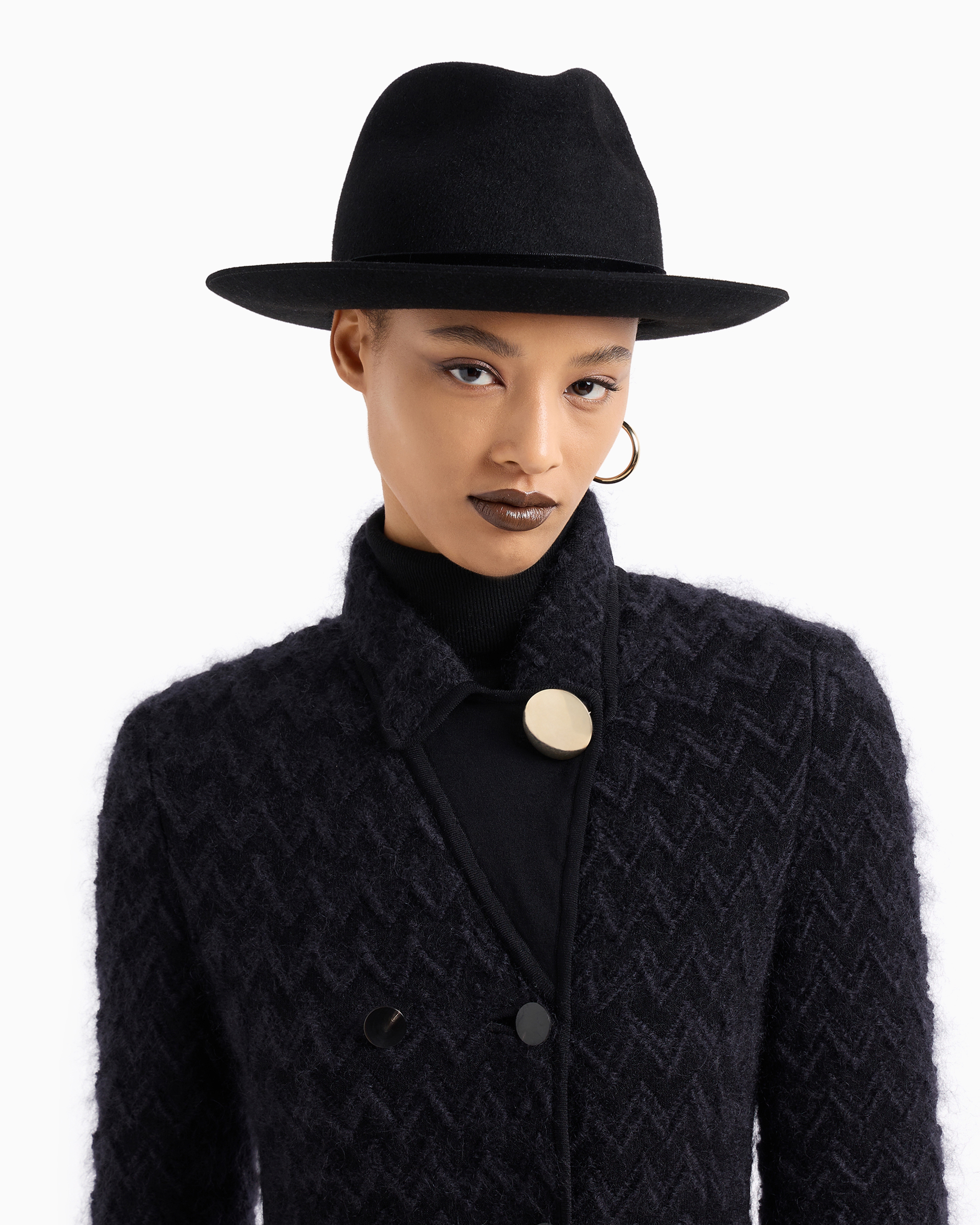 Giorgio Armani Long Double-breasted Coat In Chevron Jacquard Viscose, Silk And Mohair Wool In Black