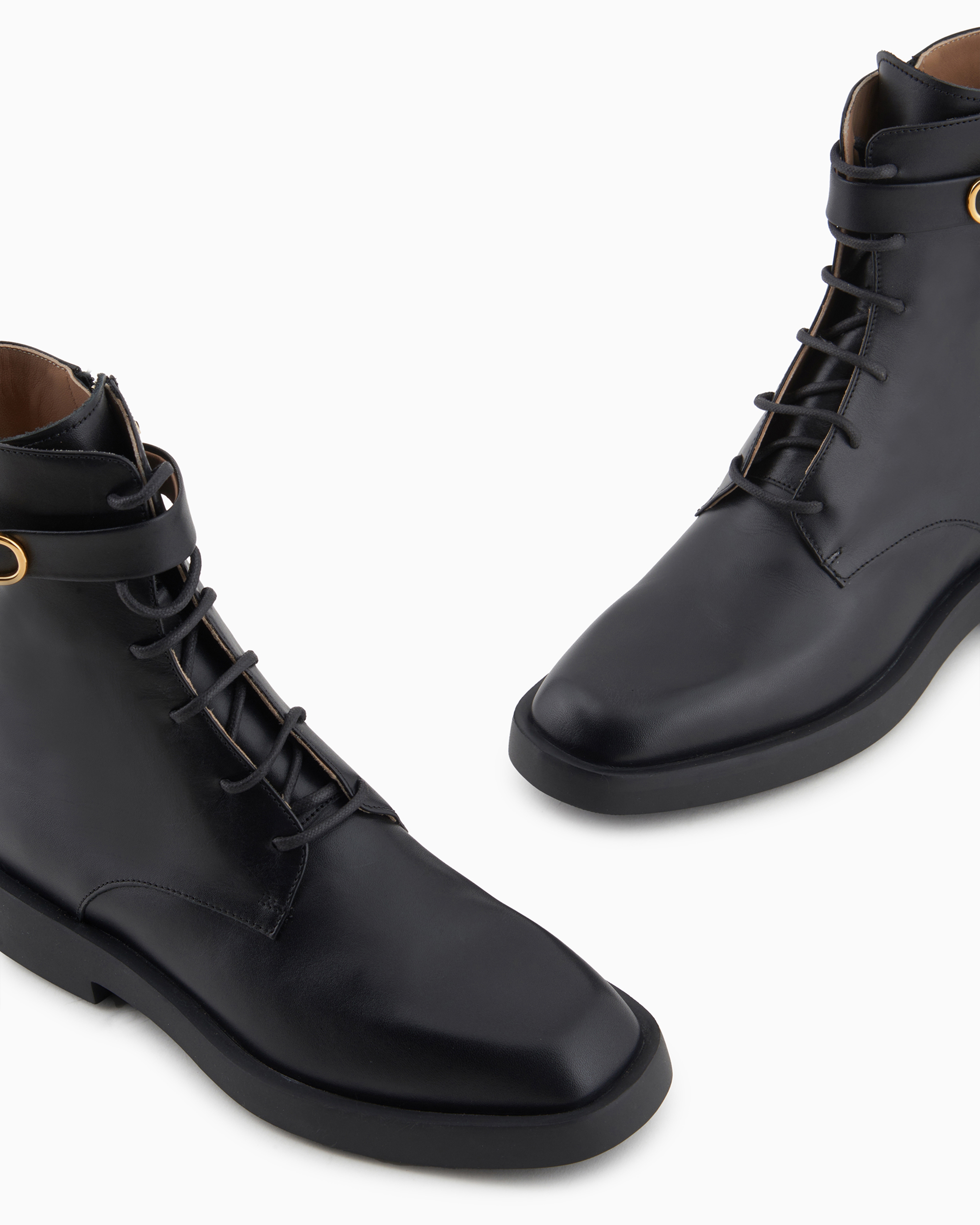 Emporio Armani Official Store Leather Lace-up Ankle Boots With Icon Logo Strap In Noir
