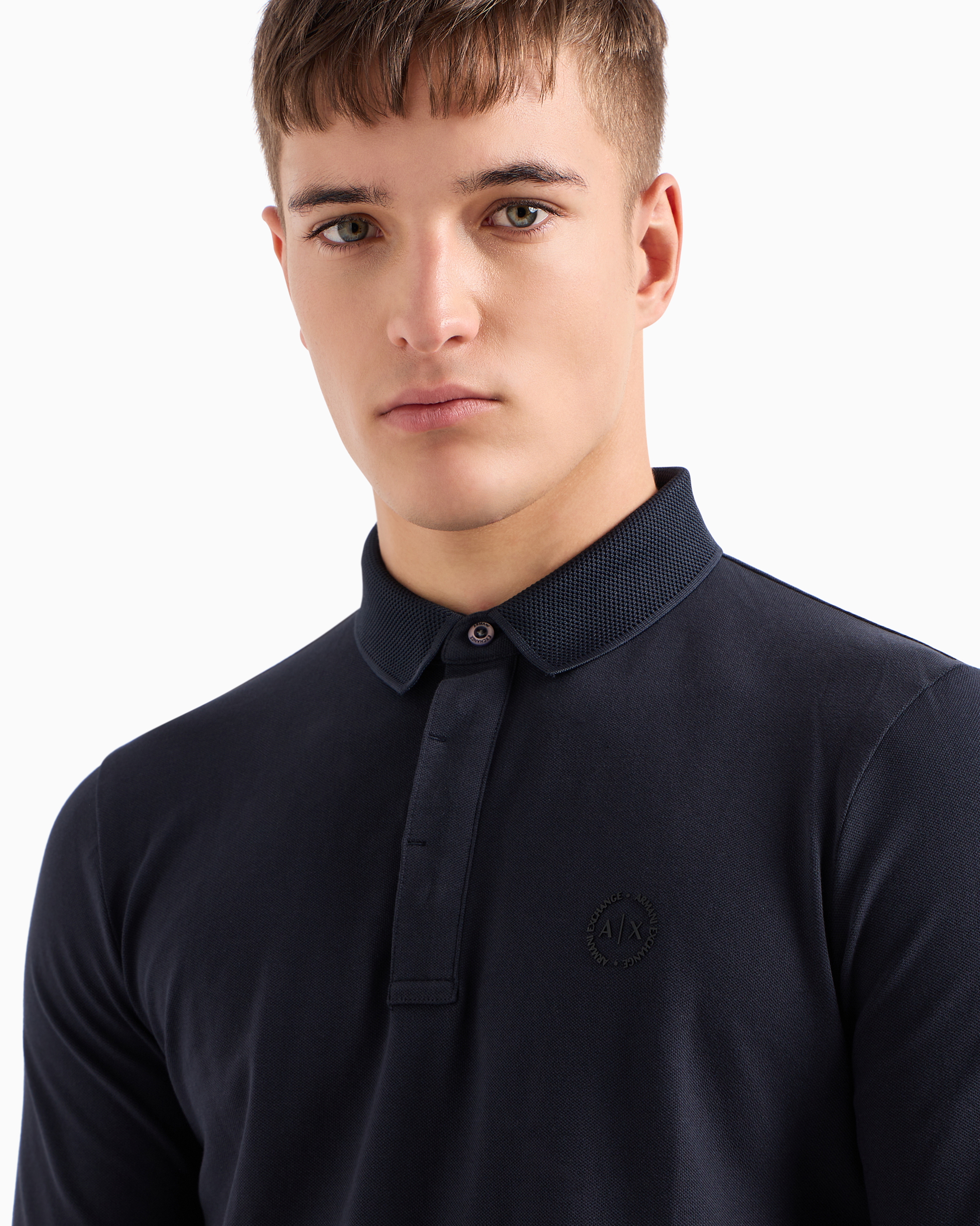 Shop Armani Exchange Slim Fit Polo Shirt In Stretch Cotton With Long Sleeves In Navy Blue