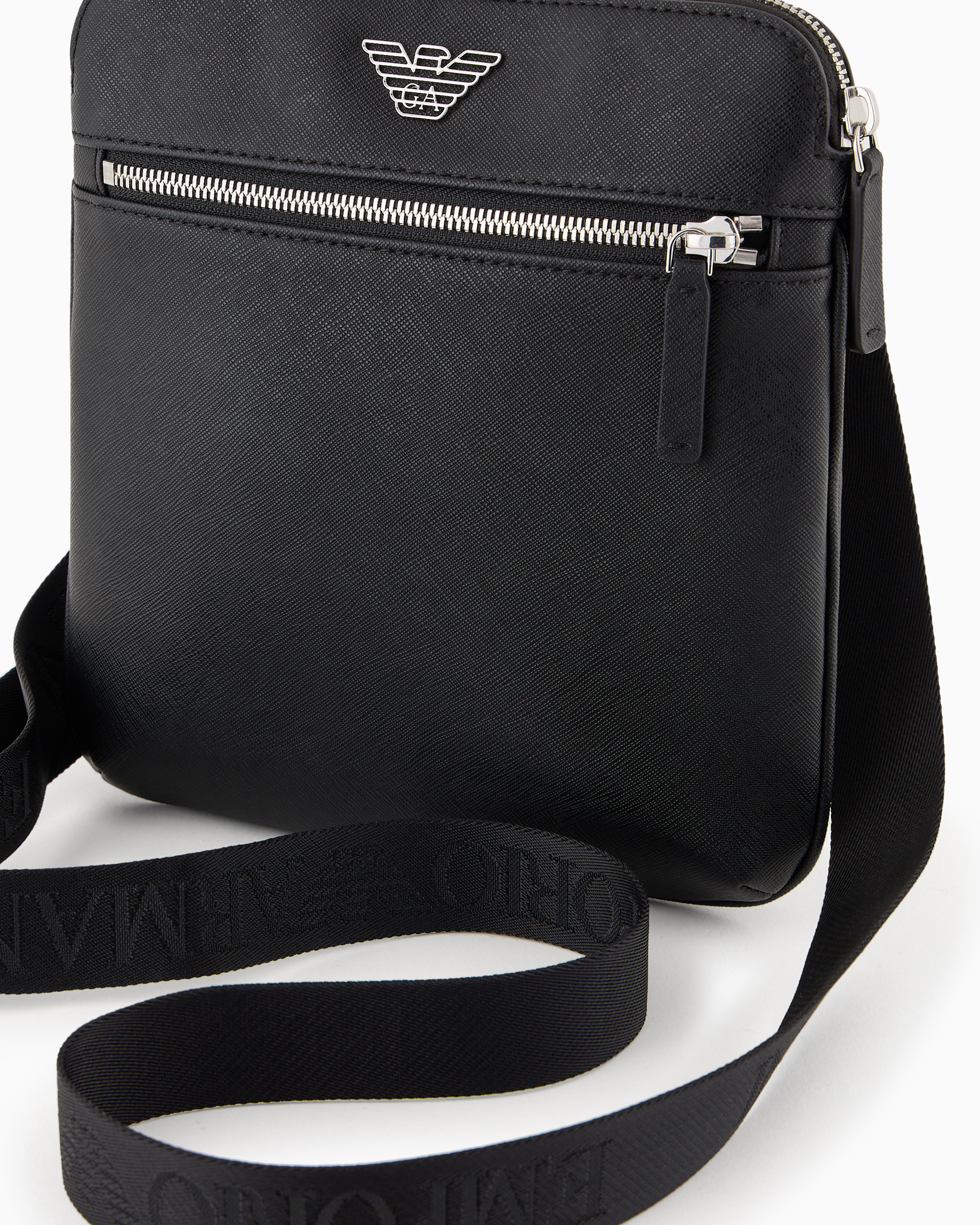 Emporio Armani Asv Regenerated Saffiano Leather Flat Shoulder Bag With Eagle Plate In Black