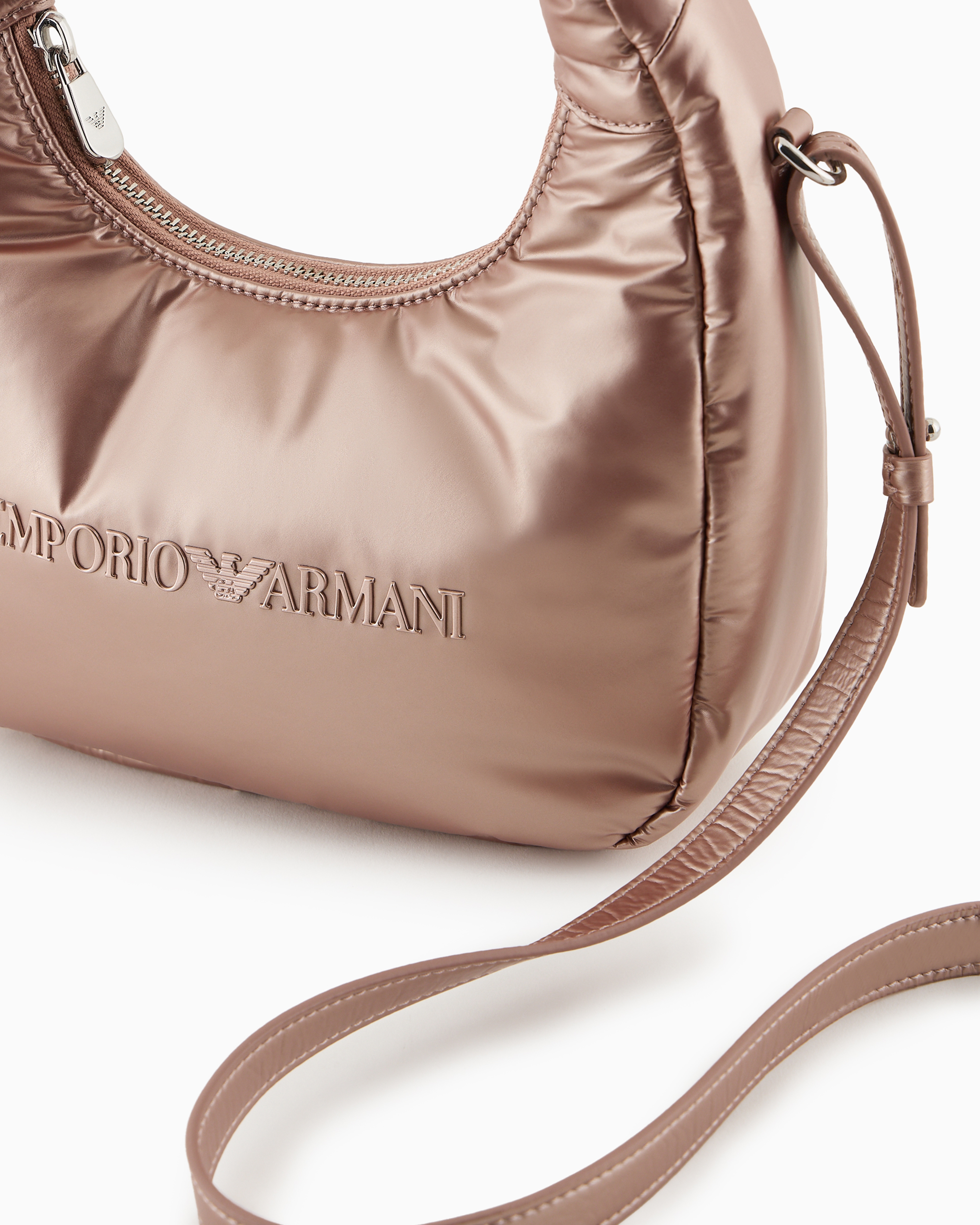 Shop Emporio Armani Shiny, Padded Nylon Hobo Bag With Logo In Pink