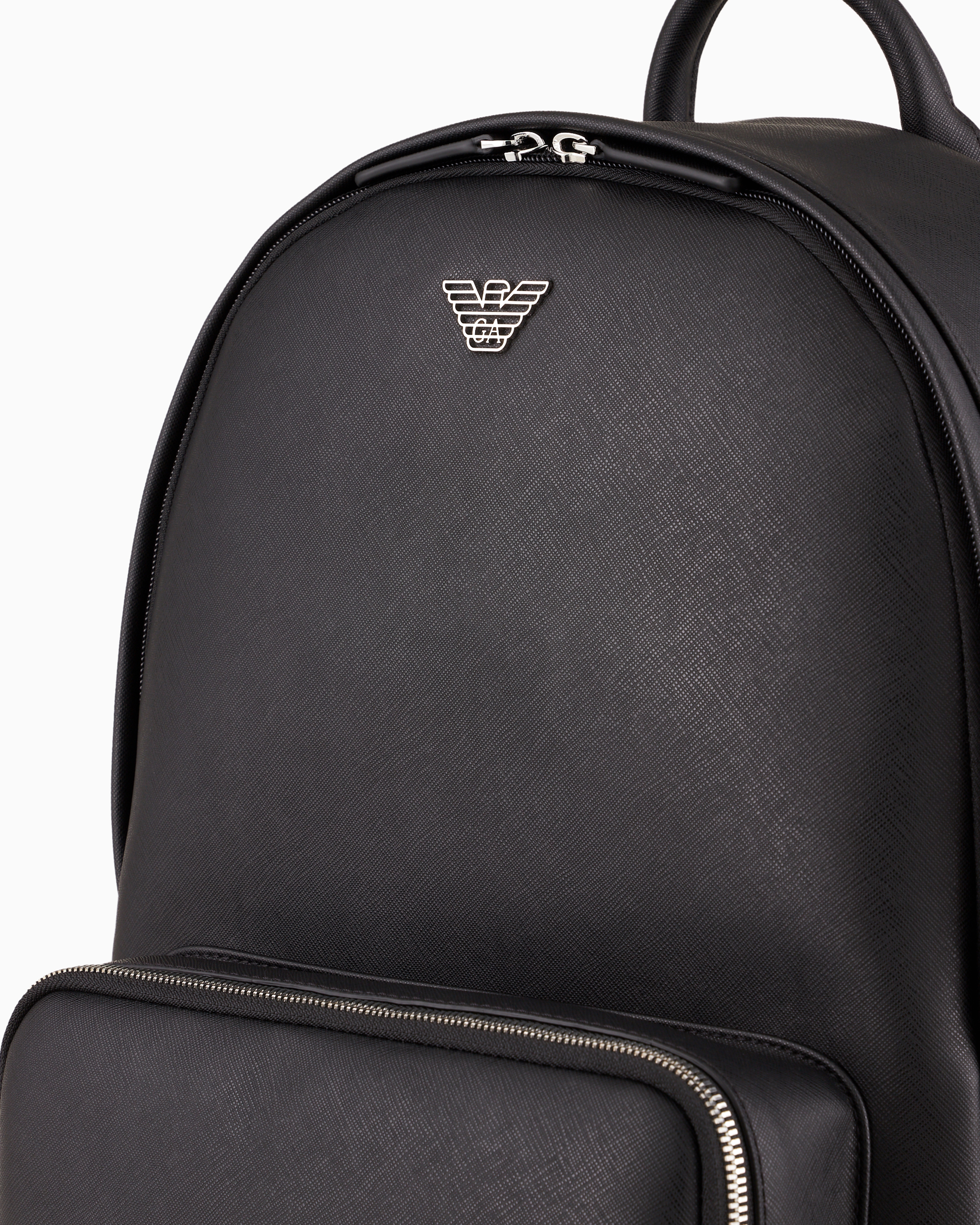 Emporio Armani Asv Regenerated Saffiano Leather Round Backpack With Eagle Plate In Black