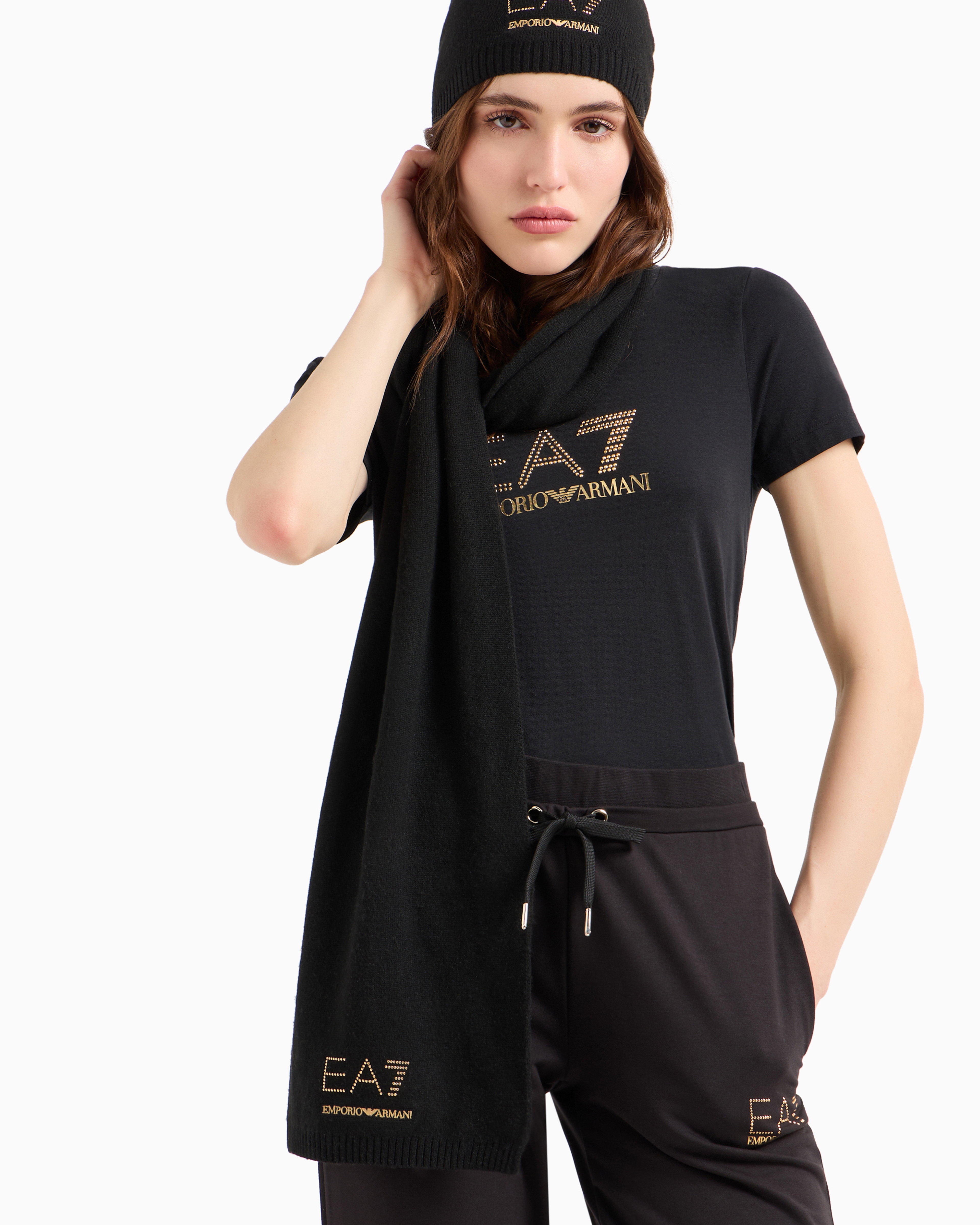 Shop Ea7 Studded Logo Beanie And Scarf Gift Set In Black