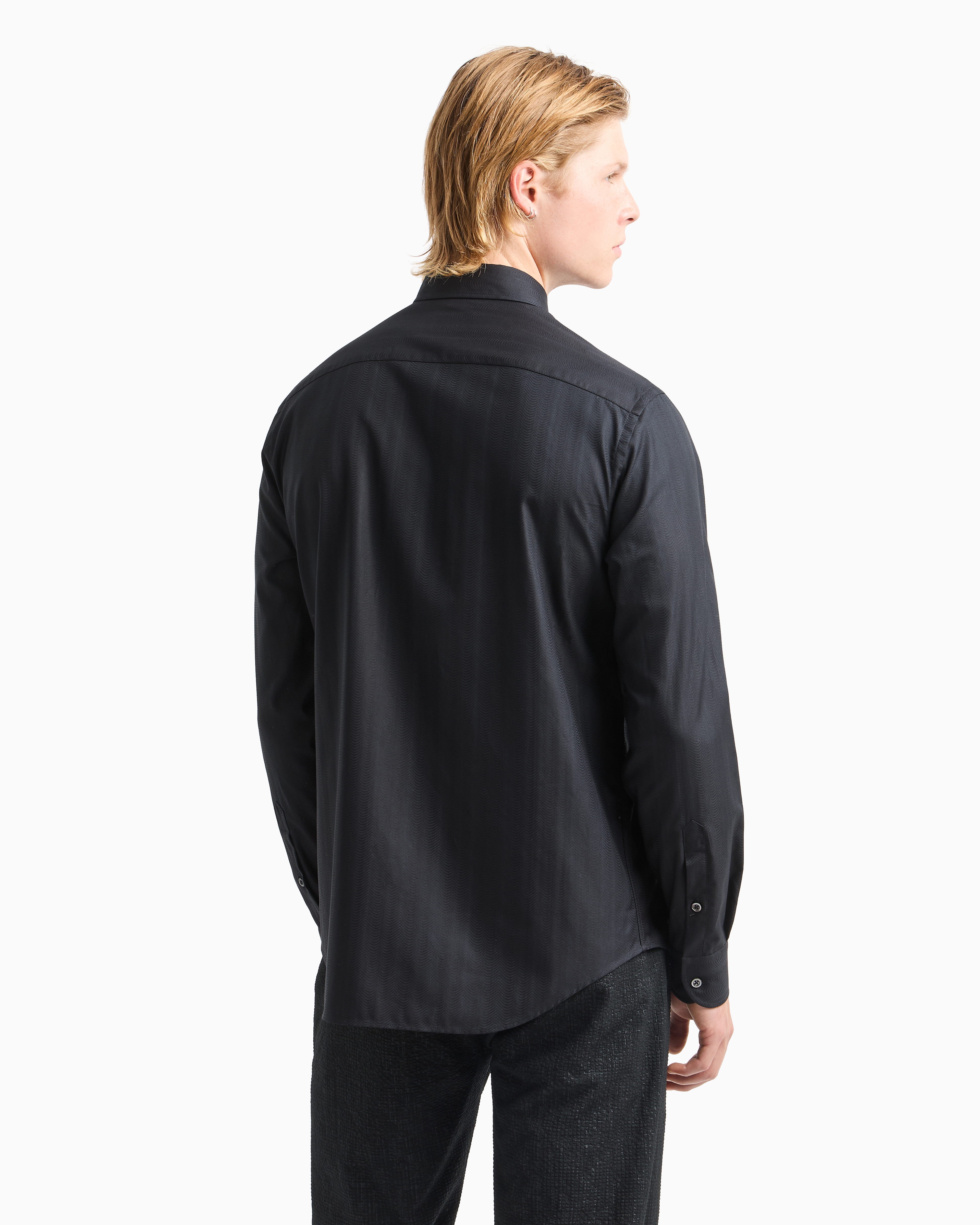Emporio Armani Wave Motif Jacquard Cotton Shirt In Blue