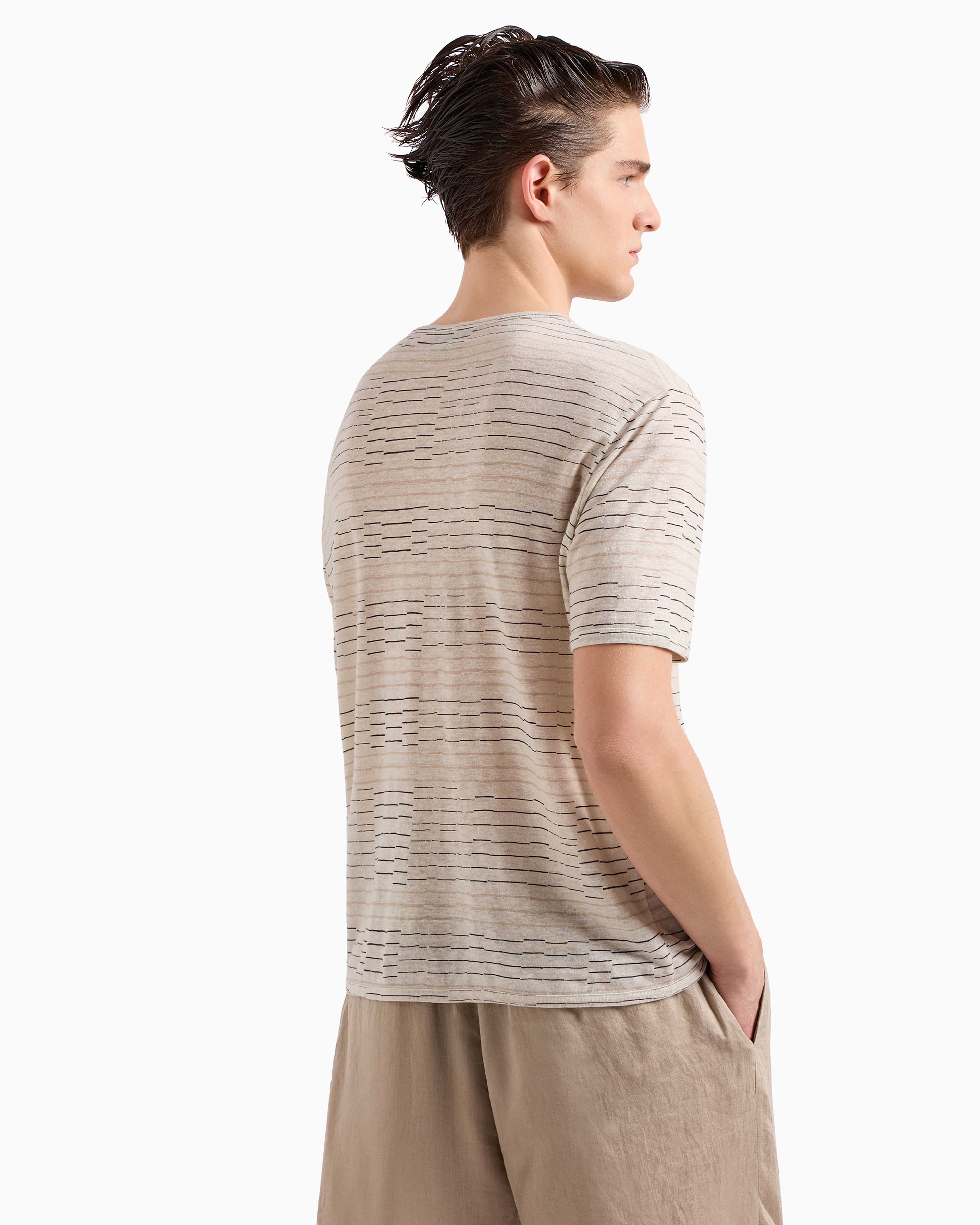 GIORGIO ARMANI IRREGULAR STRIPED PRINT LINEN CREW-NECK T-SHIRT 